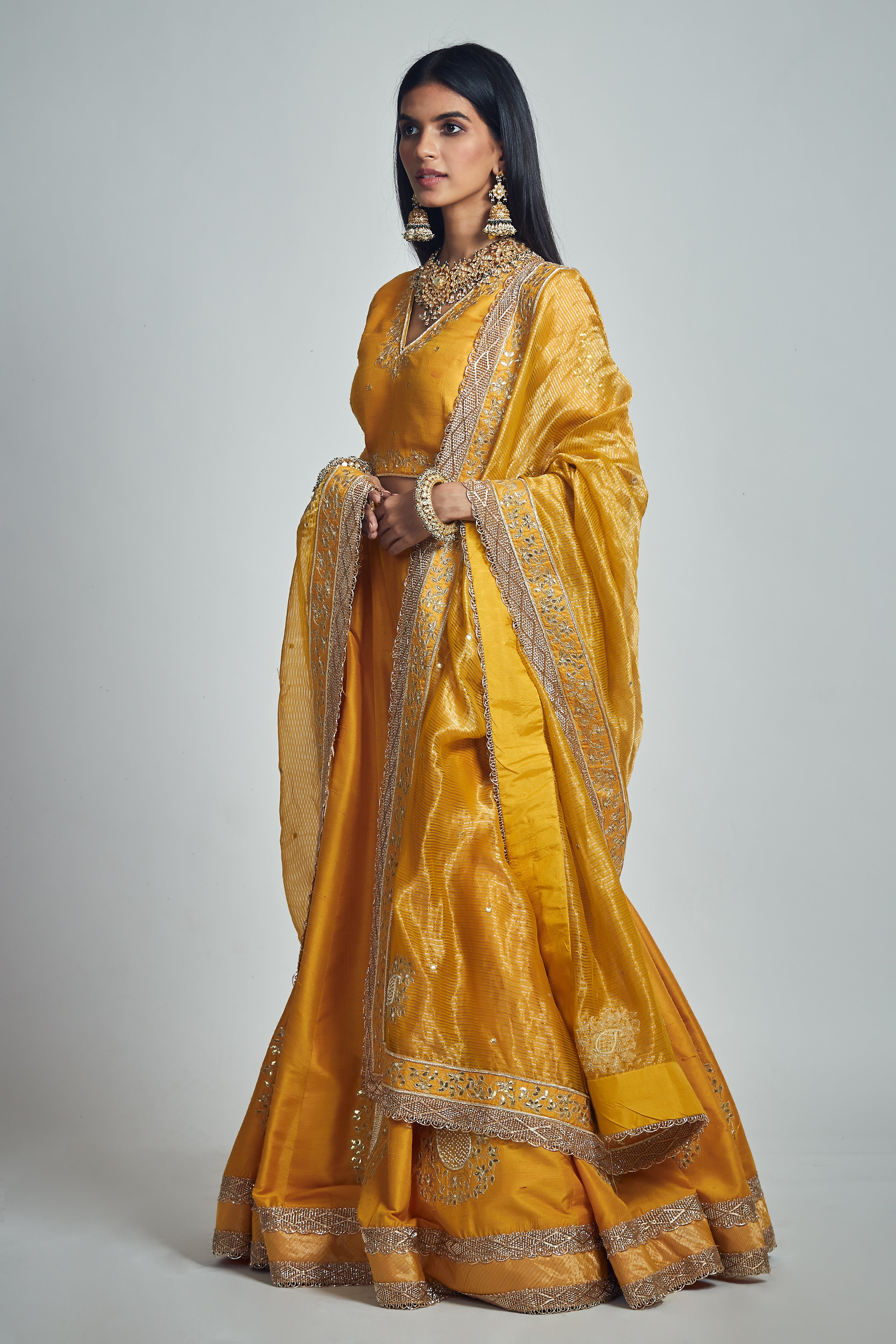 Razaana- Glaze Mustard Gota Patti Embroidered Lehenga With Blouse And Dupatta