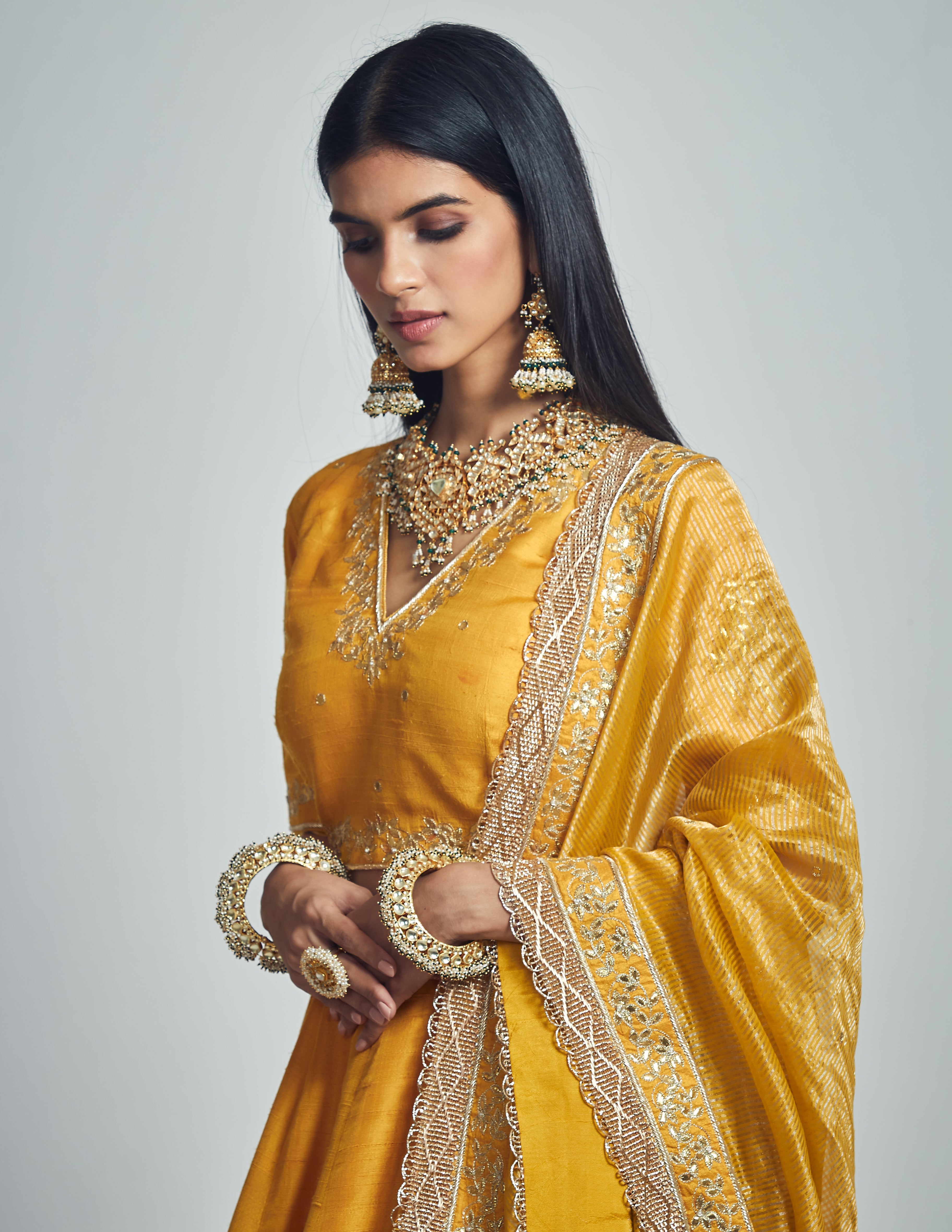 Razaana- Glaze Mustard Gota Patti Embroidered Lehenga With Blouse And Dupatta