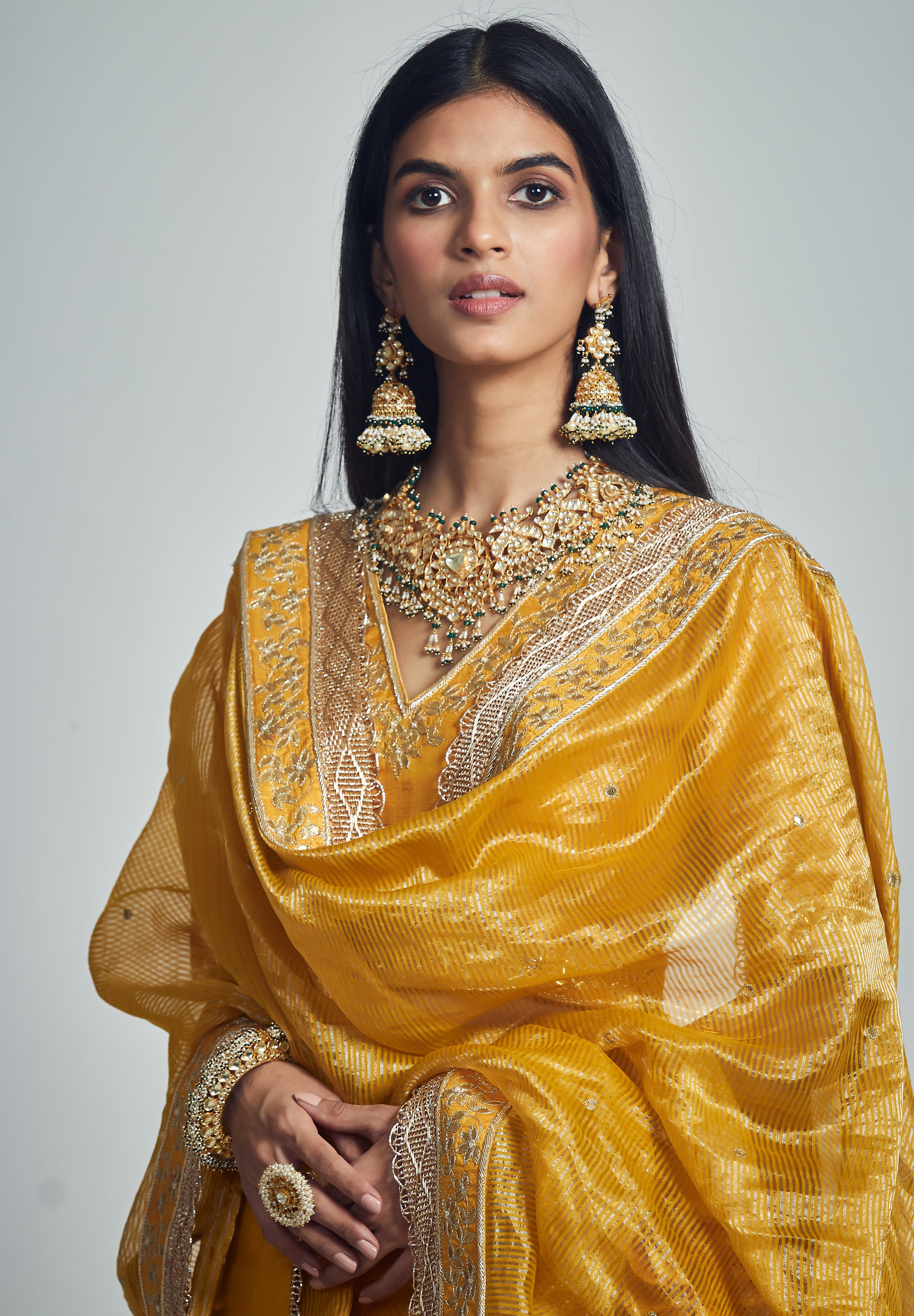 Razaana- Glaze Mustard Gota Patti Embroidered Lehenga With Blouse And Dupatta