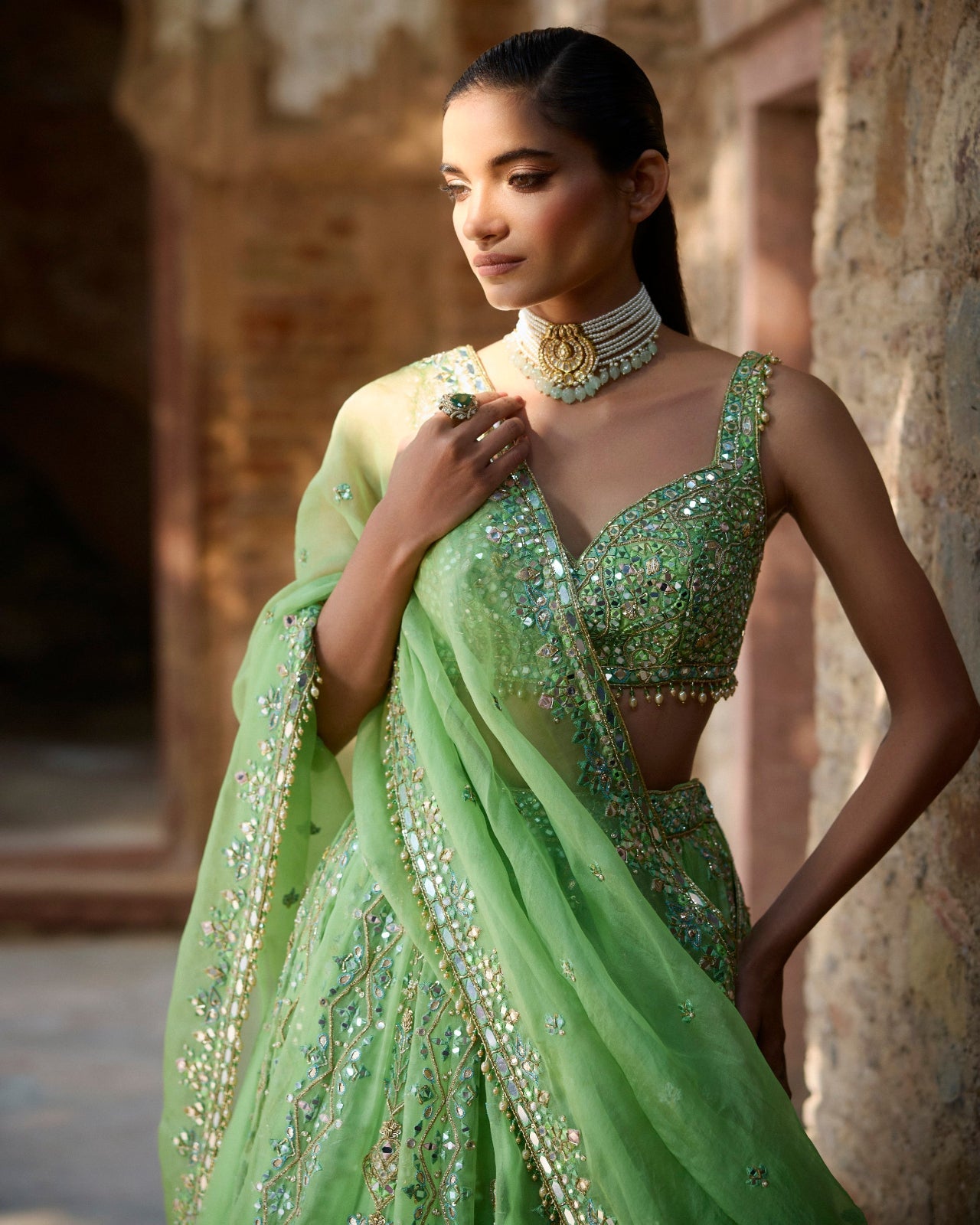 Lime Green Organza Lehenga Set