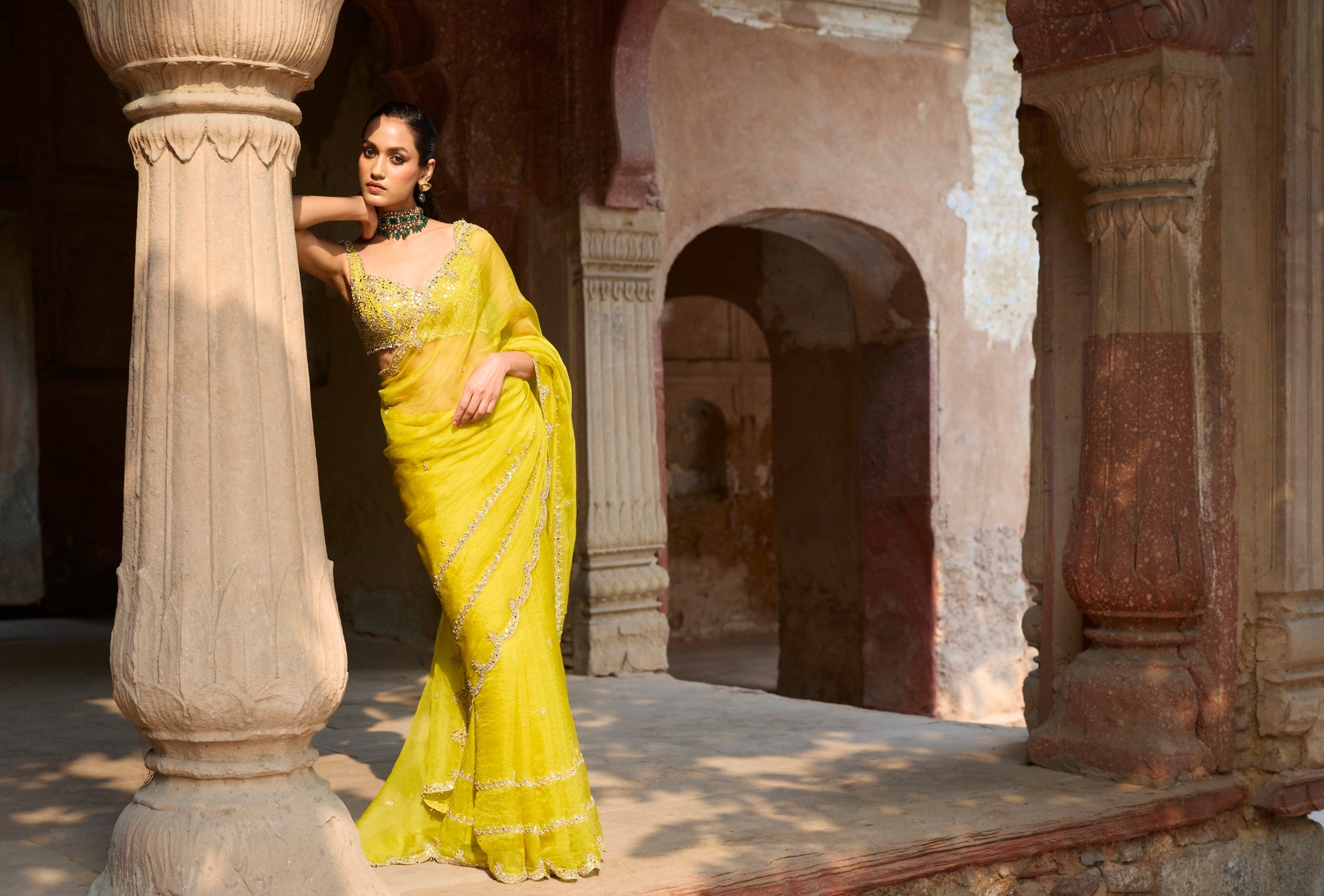 Lime Yellow Organza Saree Set