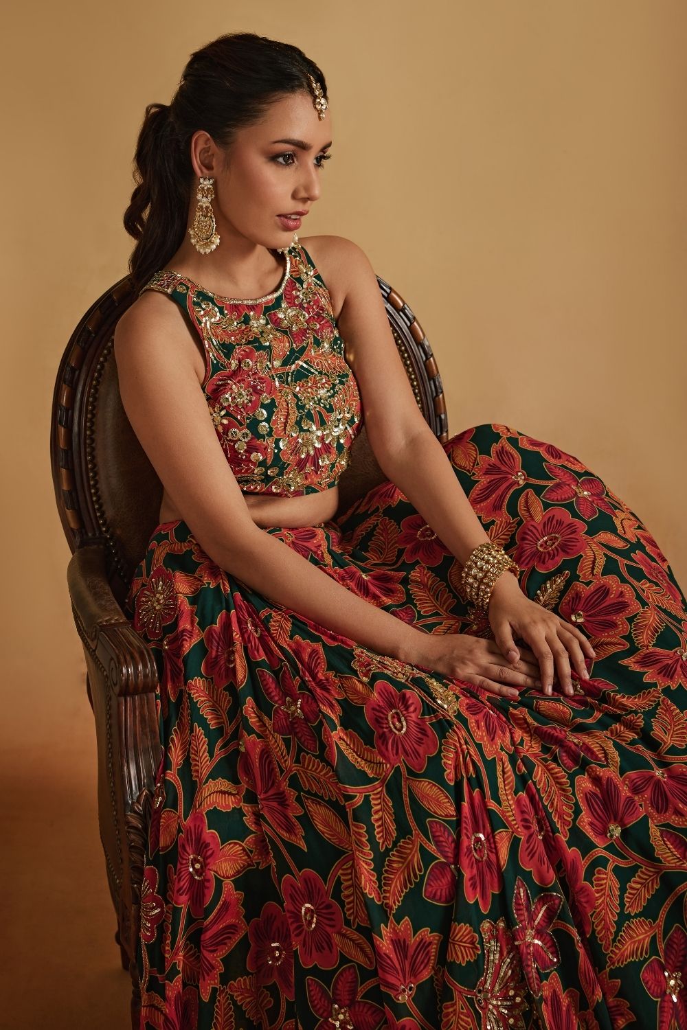 Green Floral Printed Lehenga Set