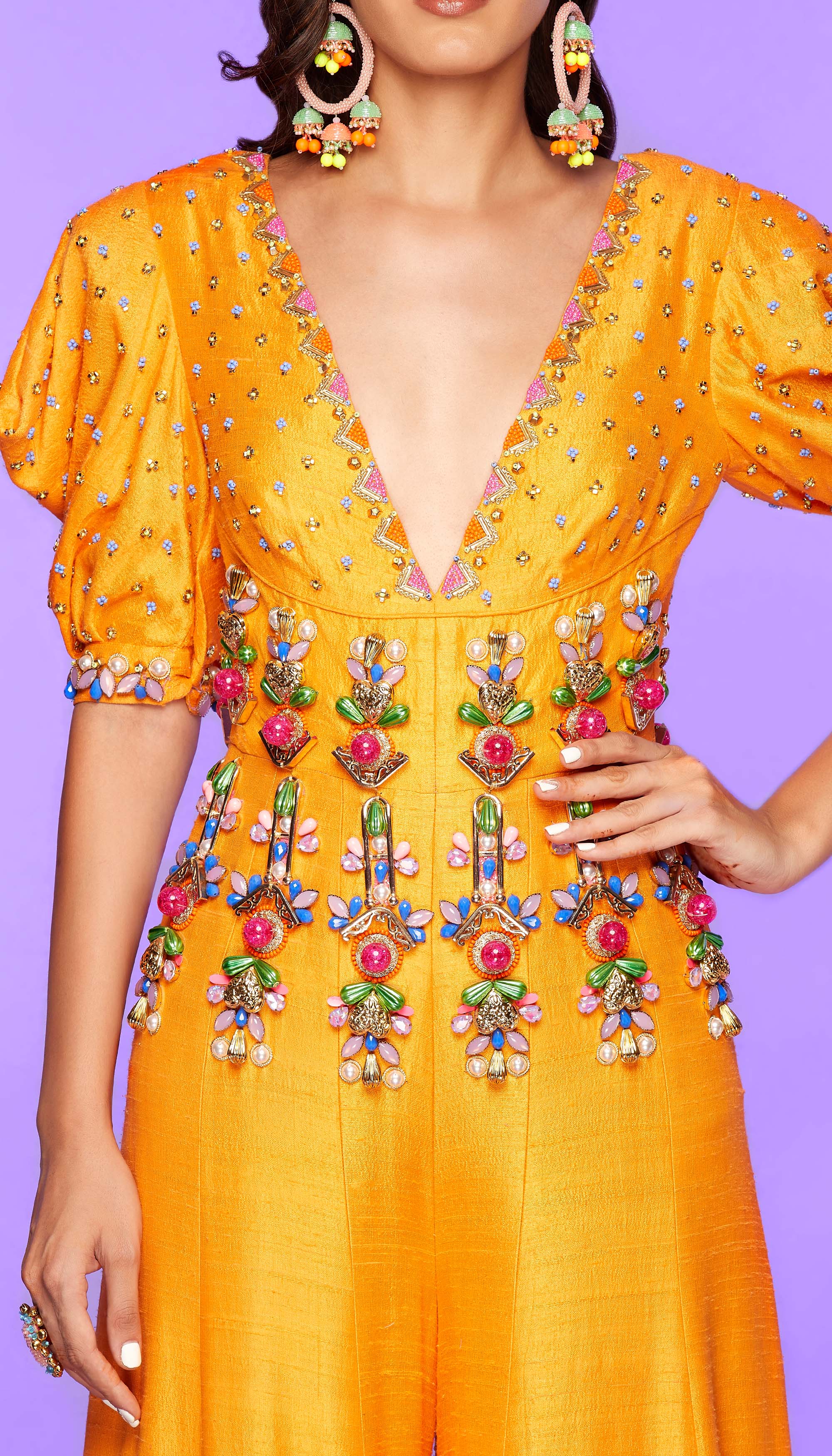 Paprika Heat - Mango Yellow Embellished Half Jumpsuit