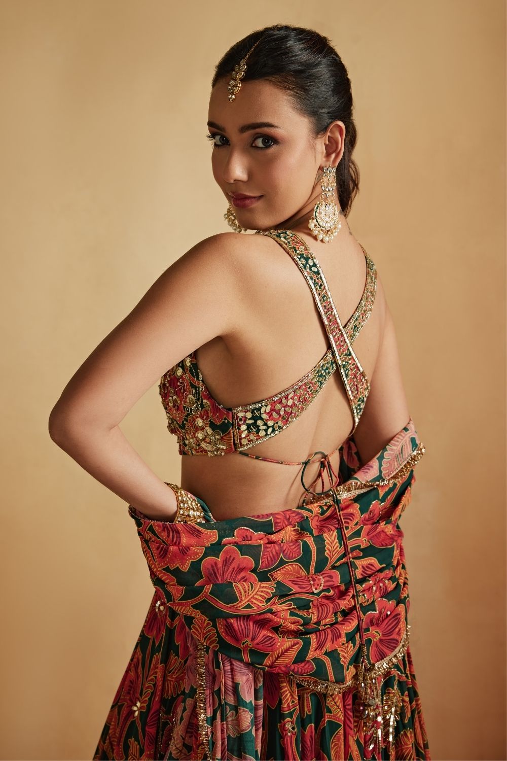 Green Floral Printed Lehenga Set