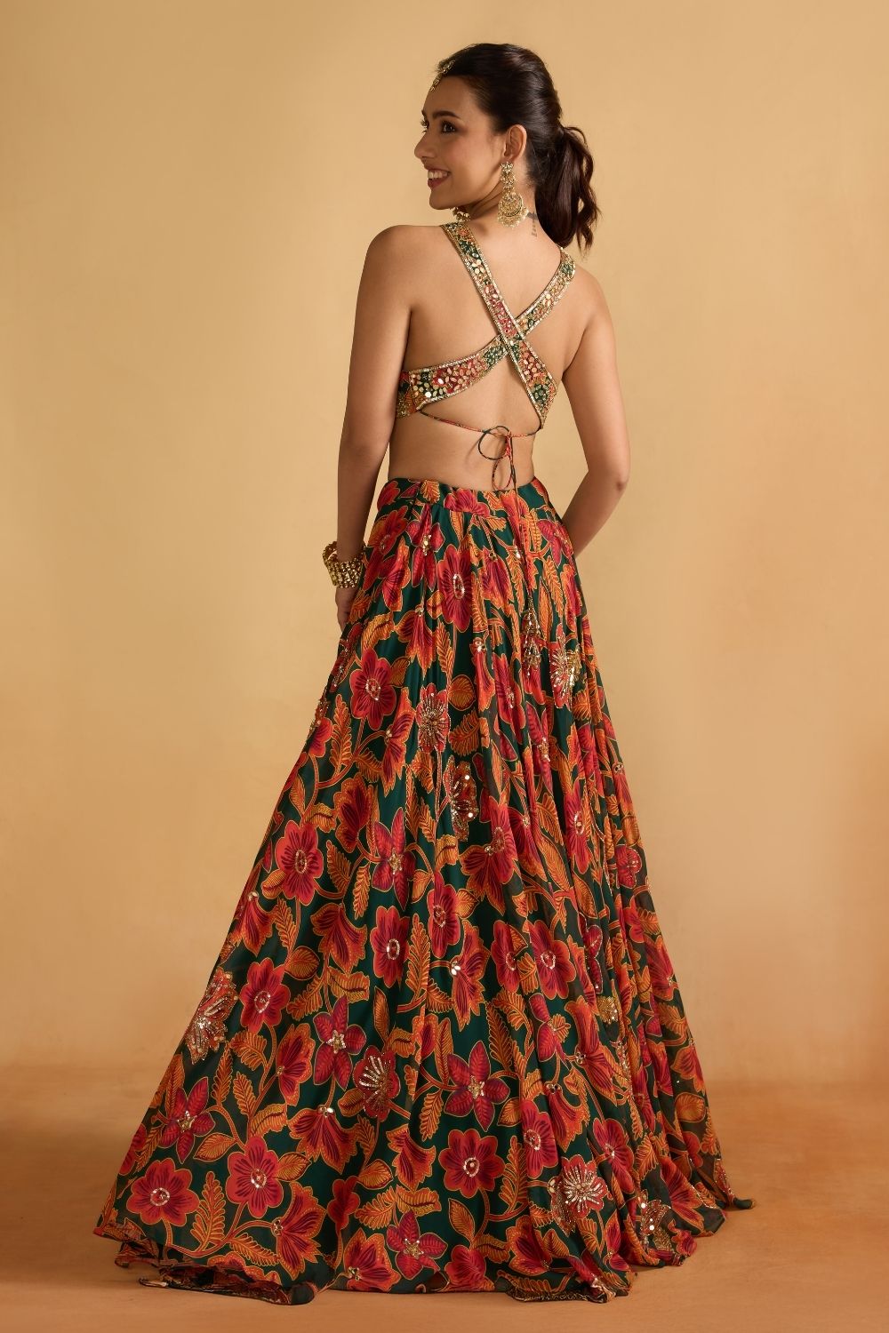 Green Floral Printed Lehenga Set