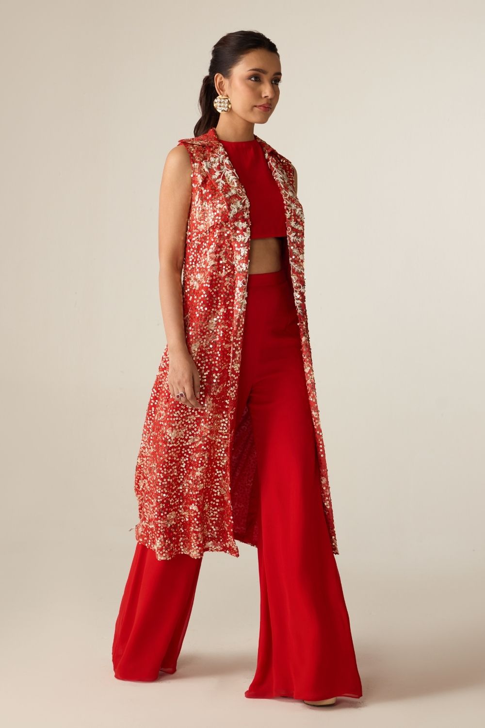 Red Printed Sequin Jacket With Crop Top And Pants Set