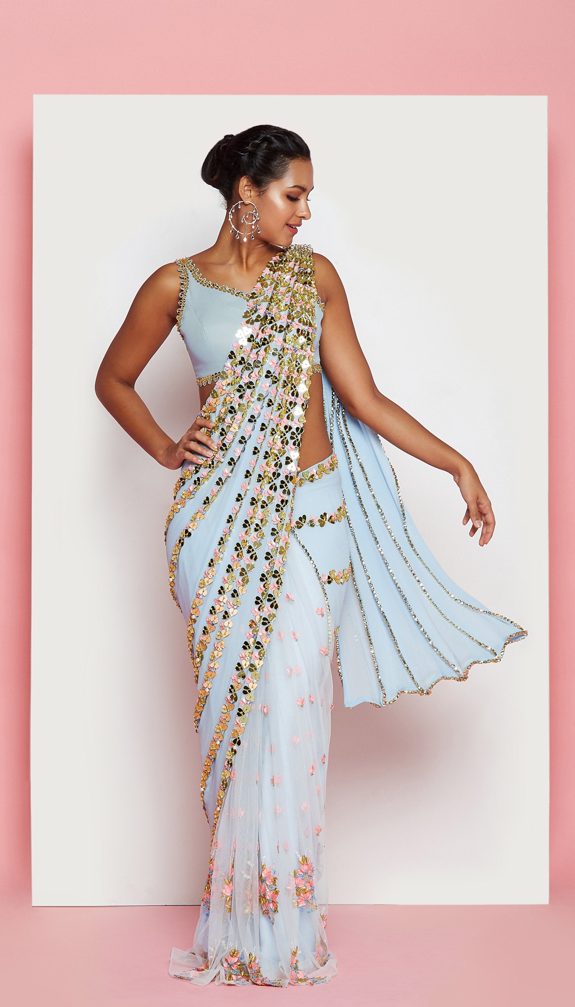 Richa Moorjani - Powder Blue Embroidered Pre-Stitched Saree Set