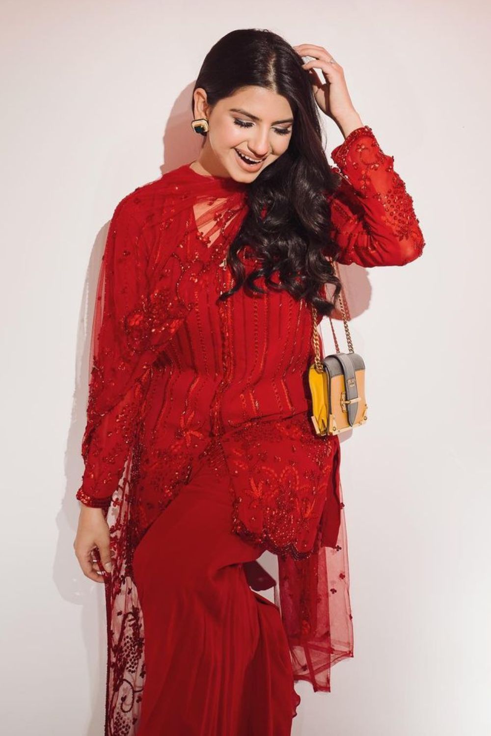 Dhriti Mehra In Our Red Tonal Short Kurta With Flared Pants Set