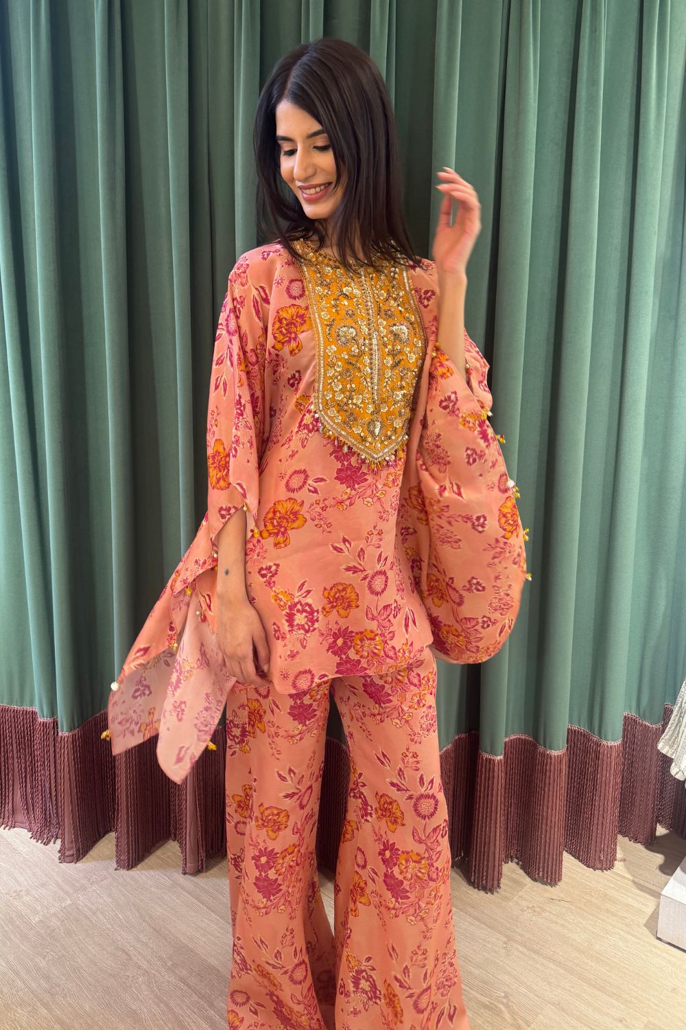 Pink Floral Print Kaftaan And Pants Set