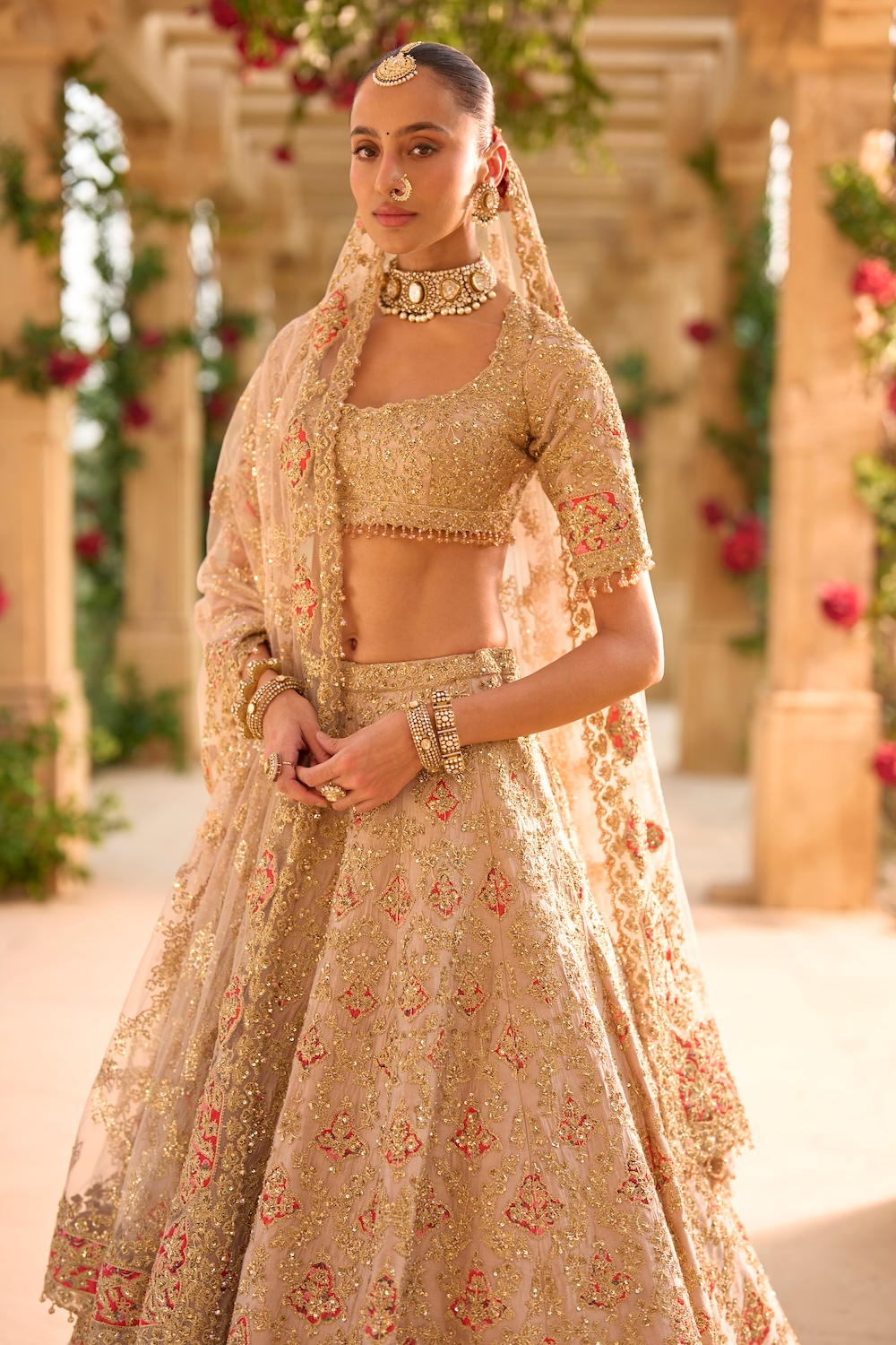 Nude Gold Applique Work Lehenga Set