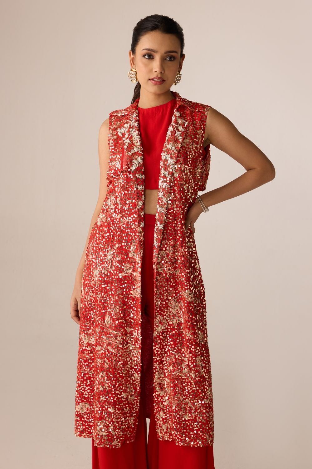 Red Printed Sequin Jacket With Crop Top And Pants Set