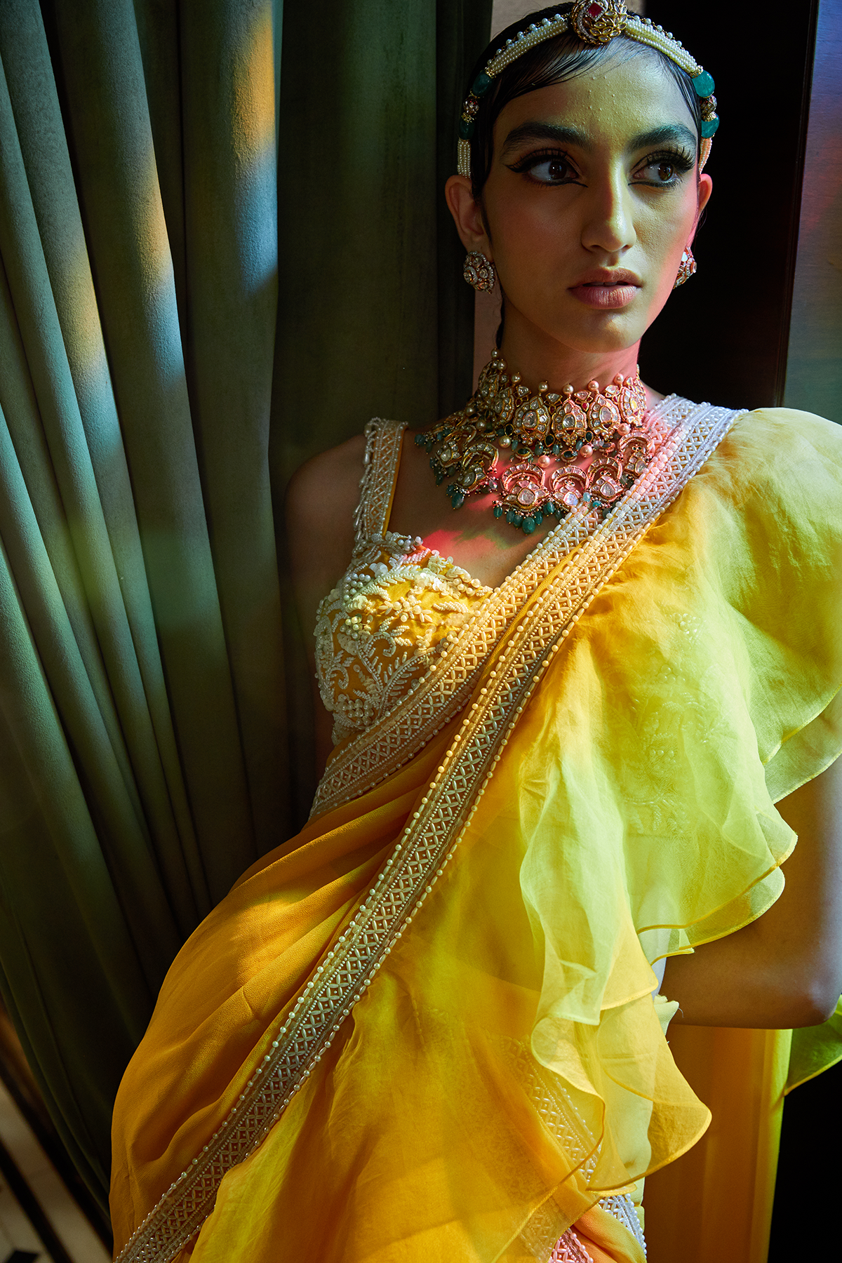 Mango Pre Stitched Ruffled Saree With Embroidered Bustier Blouse