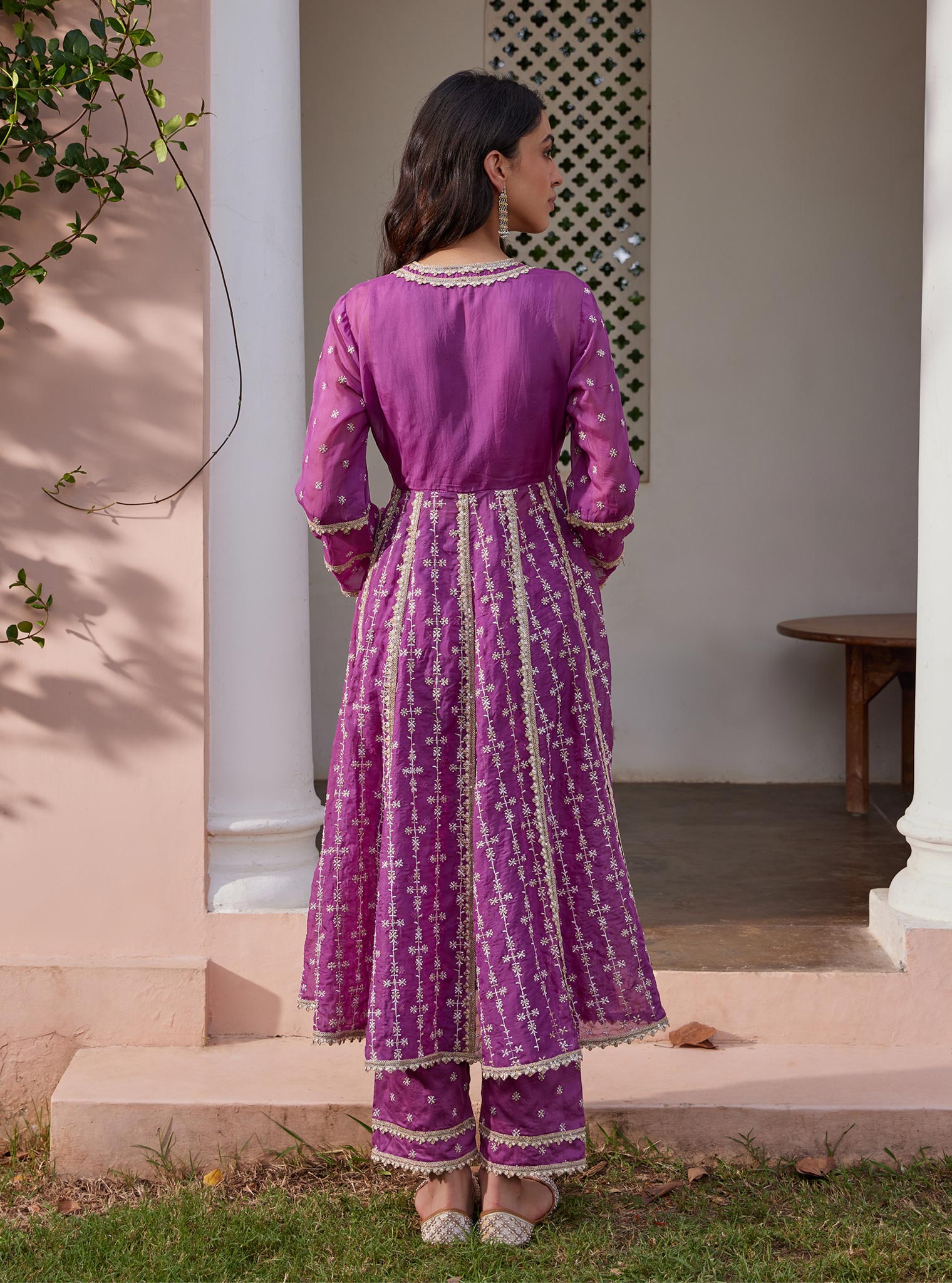 Mulmul Organza Simhi Anarkali Lilac Kurta With Mulmul Pima Simhi Lilac Pant