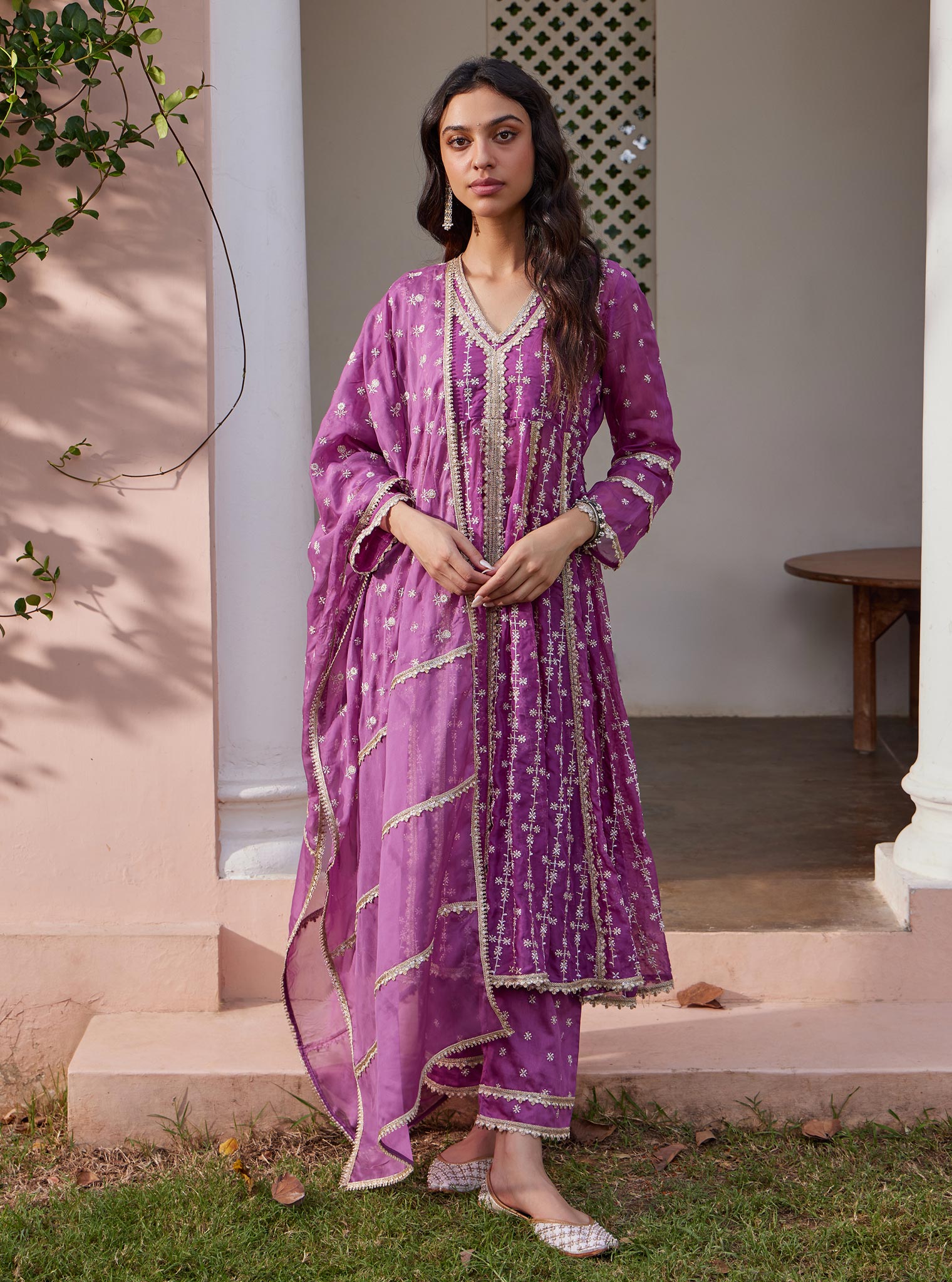 Mulmul Organza Simhi Anarkali Lilac Kurta With Mulmul Pima Simhi Lilac Pant