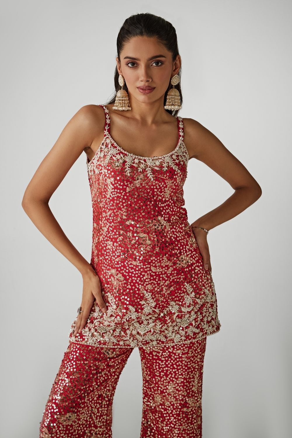 Red Printed Sequin Co-Ord Kurta Set