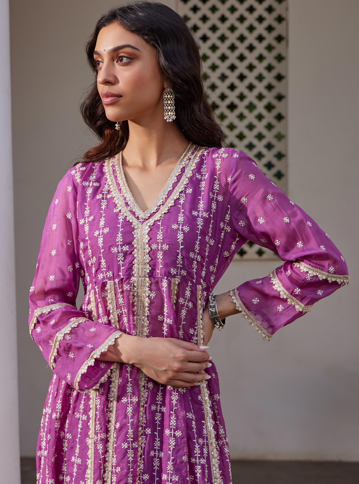 Mulmul Organza Simhi Anarkali Lilac Kurta With Mulmul Pima Simhi Lilac Pant