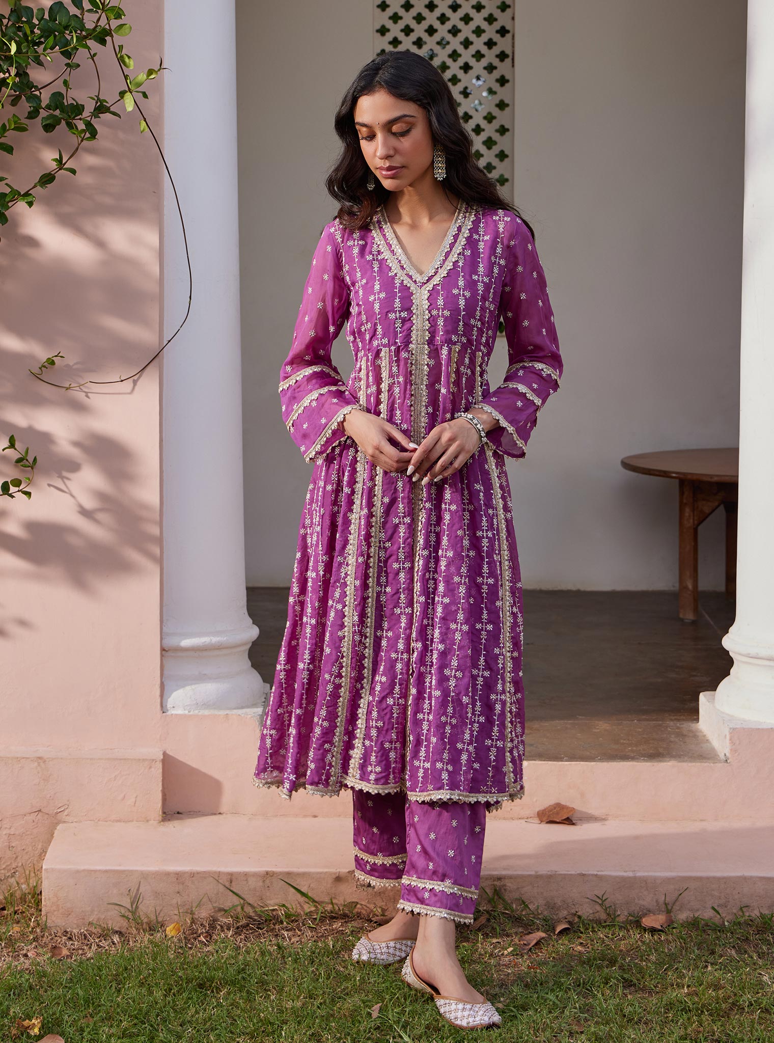 Mulmul Organza Simhi Anarkali Lilac Kurta With Mulmul Pima Simhi Lilac Pant