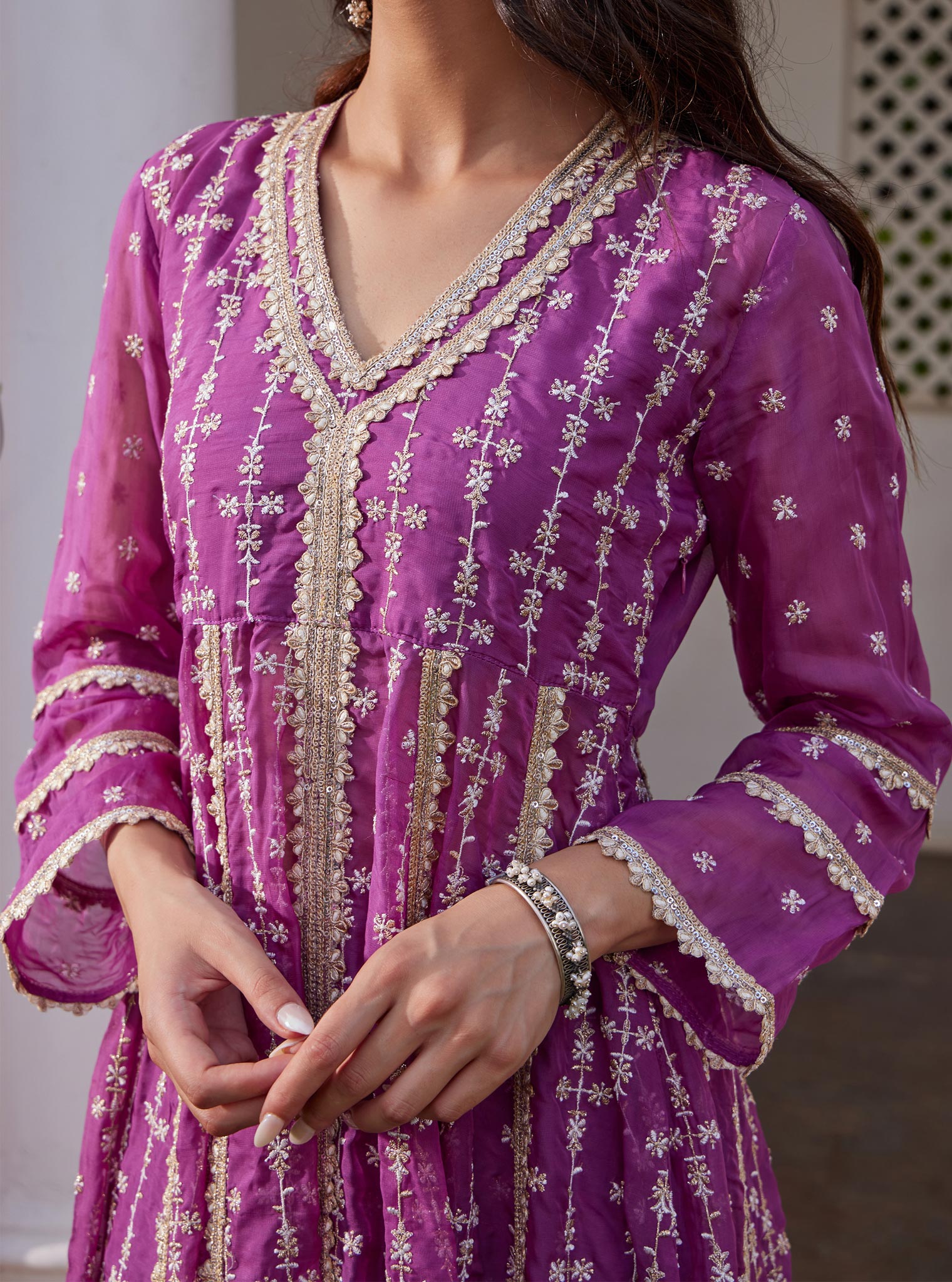 Mulmul Organza Simhi Anarkali Lilac Kurta With Mulmul Pima Simhi Lilac Pant
