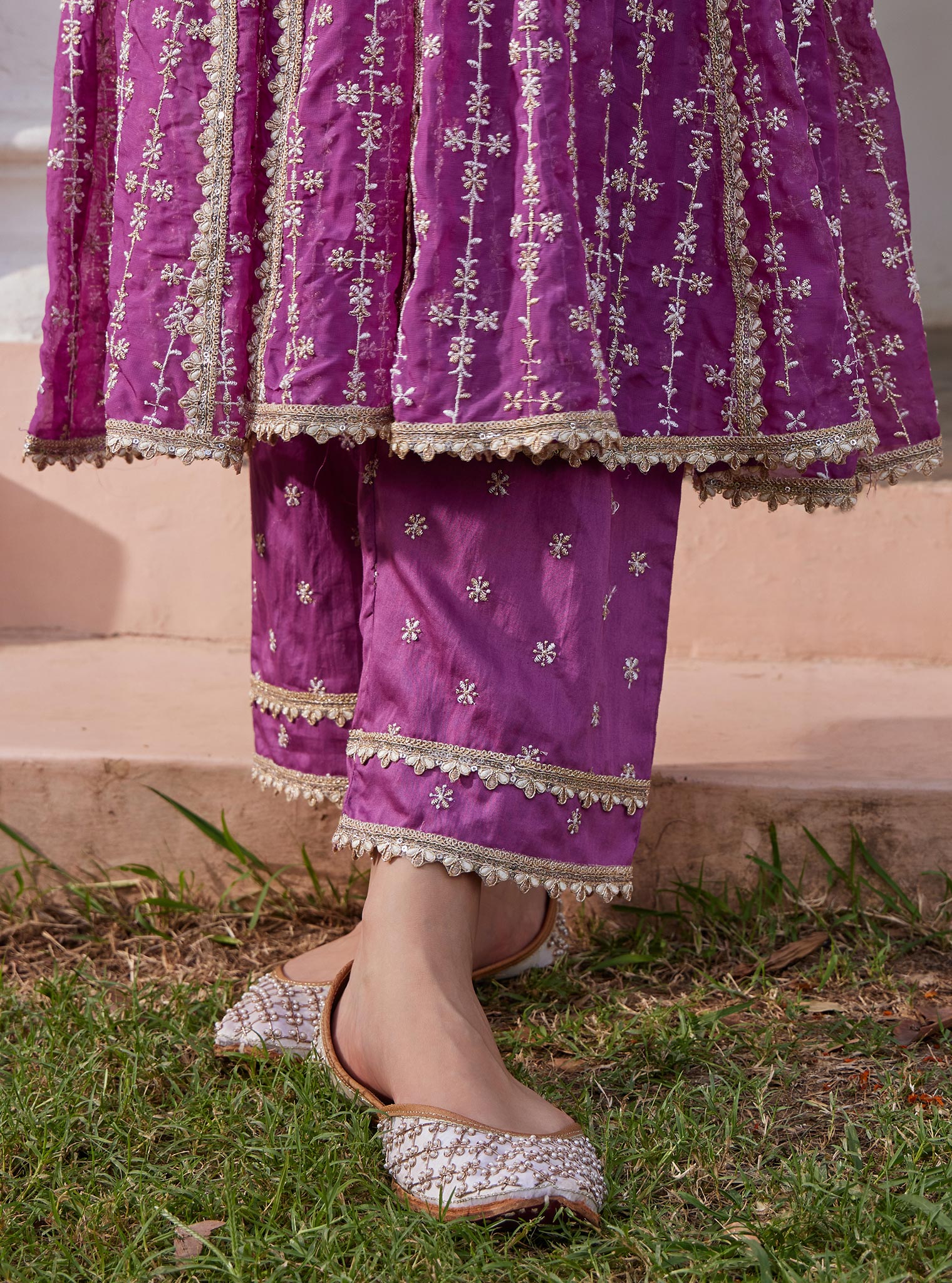 Mulmul Organza Simhi Anarkali Lilac Kurta With Mulmul Pima Simhi Lilac Pant