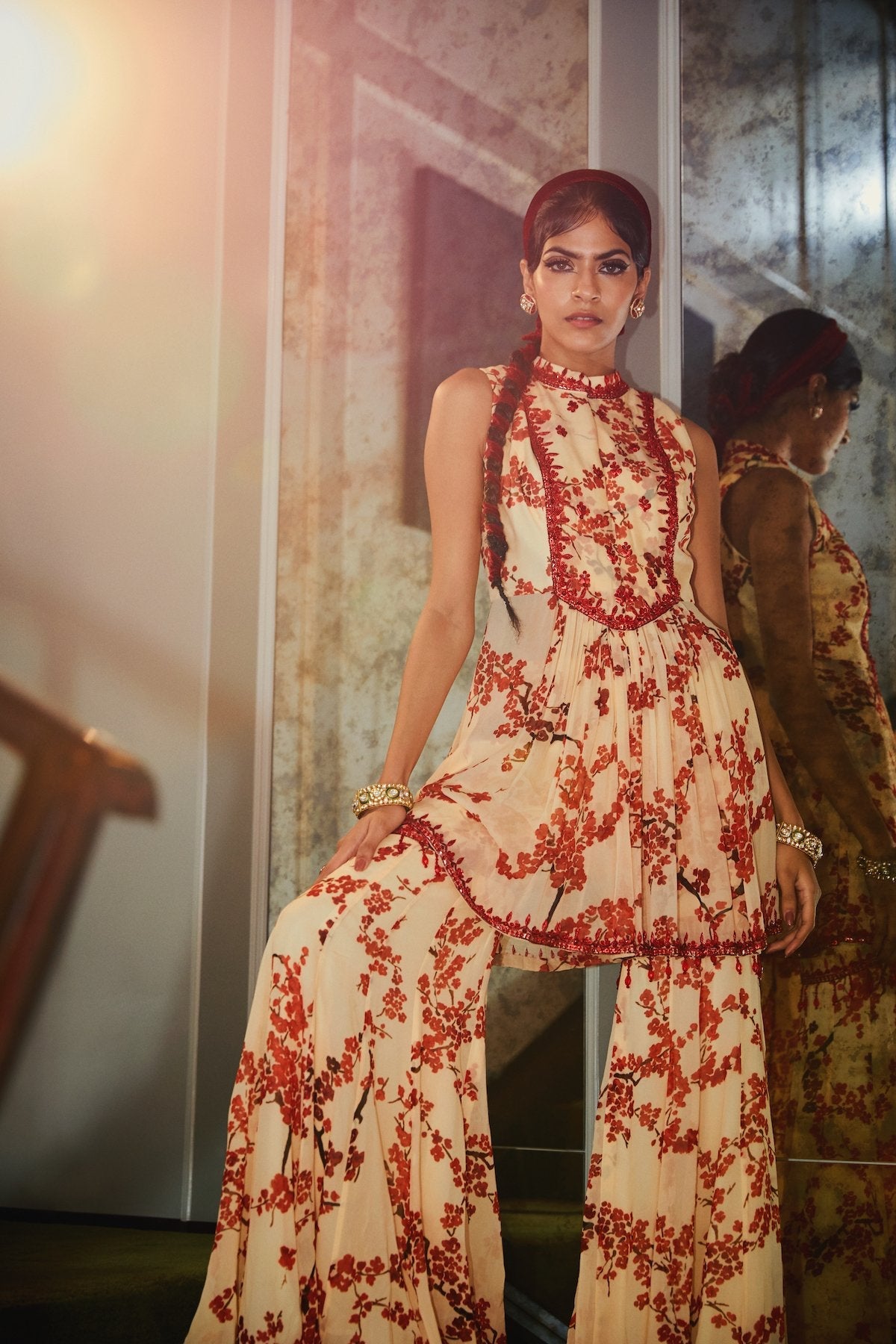 Ivory And Red Cherry Printed Kurta And Sharara Set