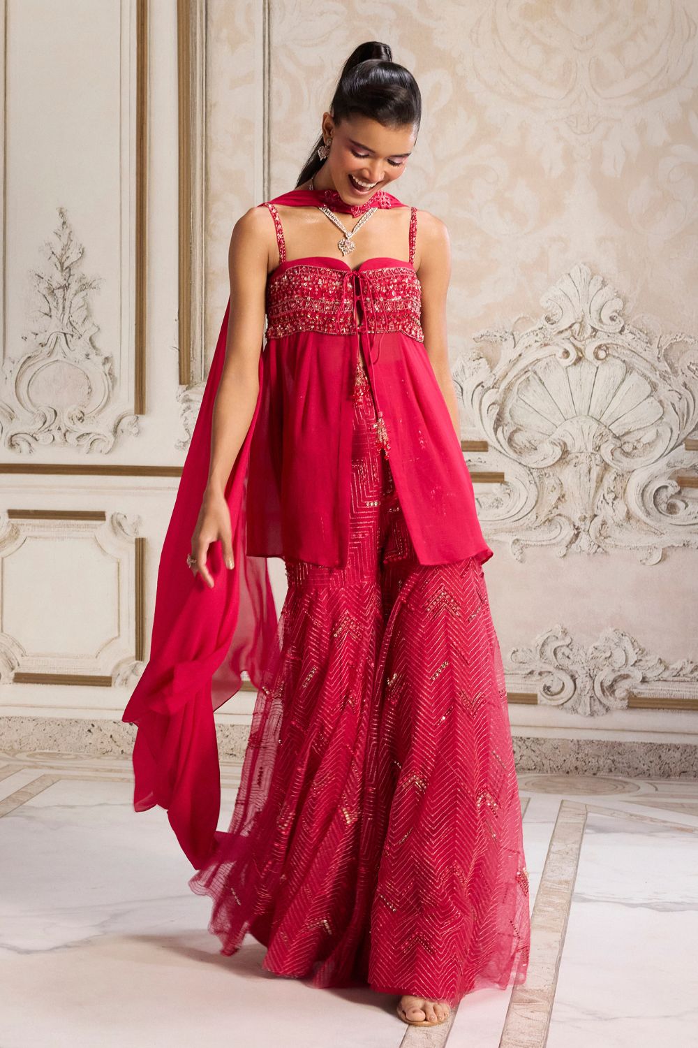 Magenta Flowy Peplum With Sharara Set