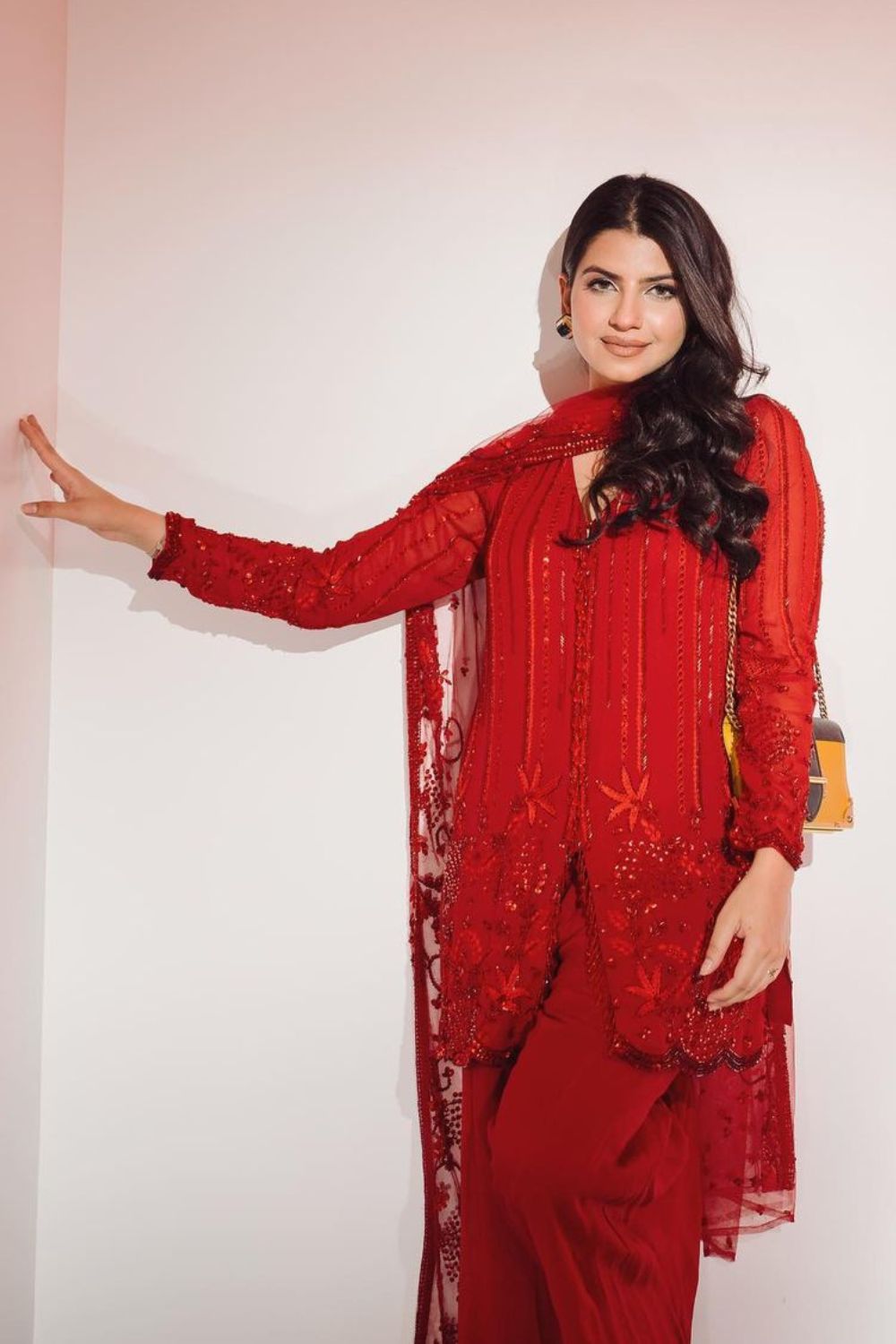 Dhriti Mehra In Our Red Tonal Short Kurta With Flared Pants Set