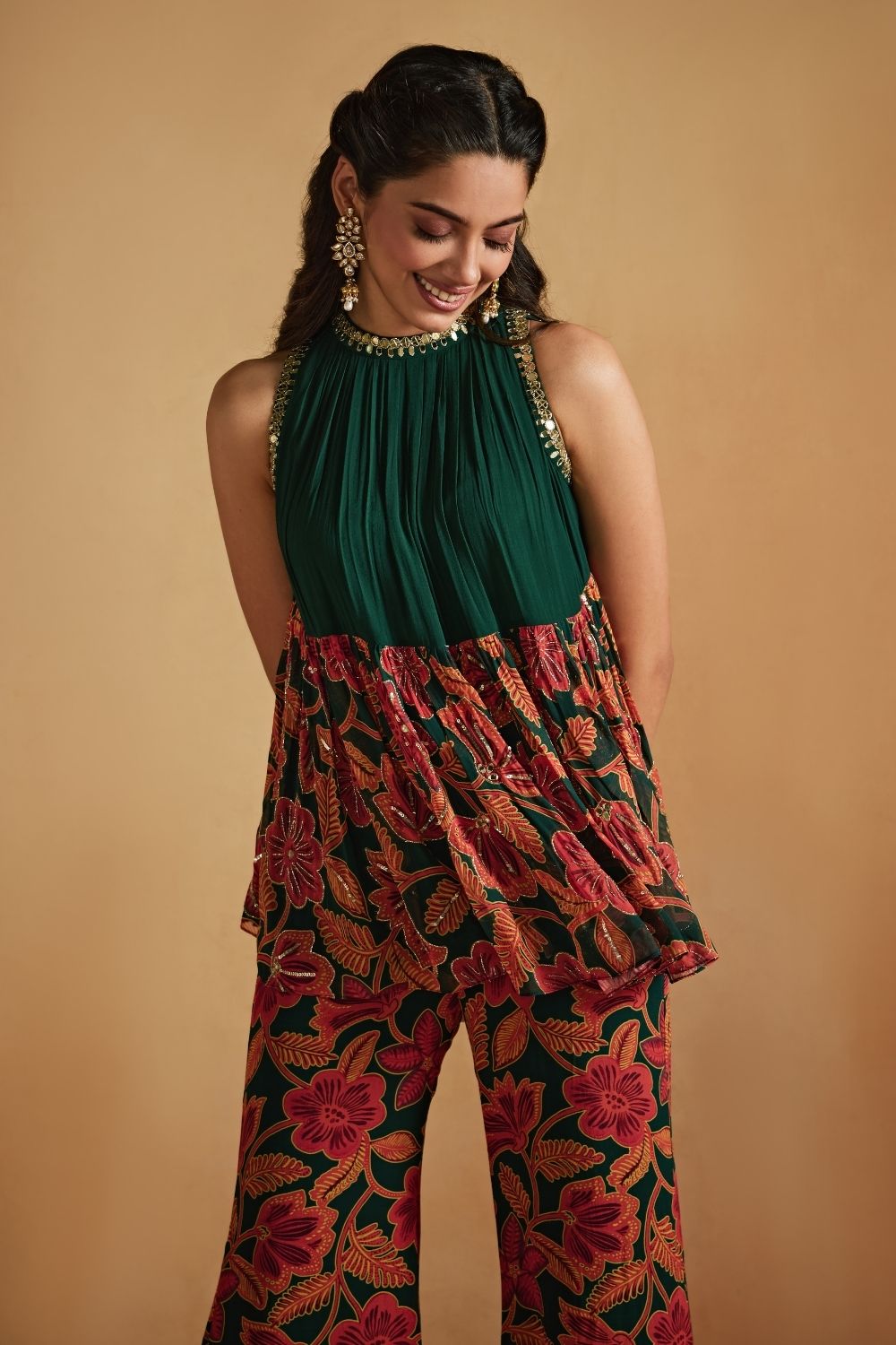 Green Floral Printed A-Line Top And Pants Set