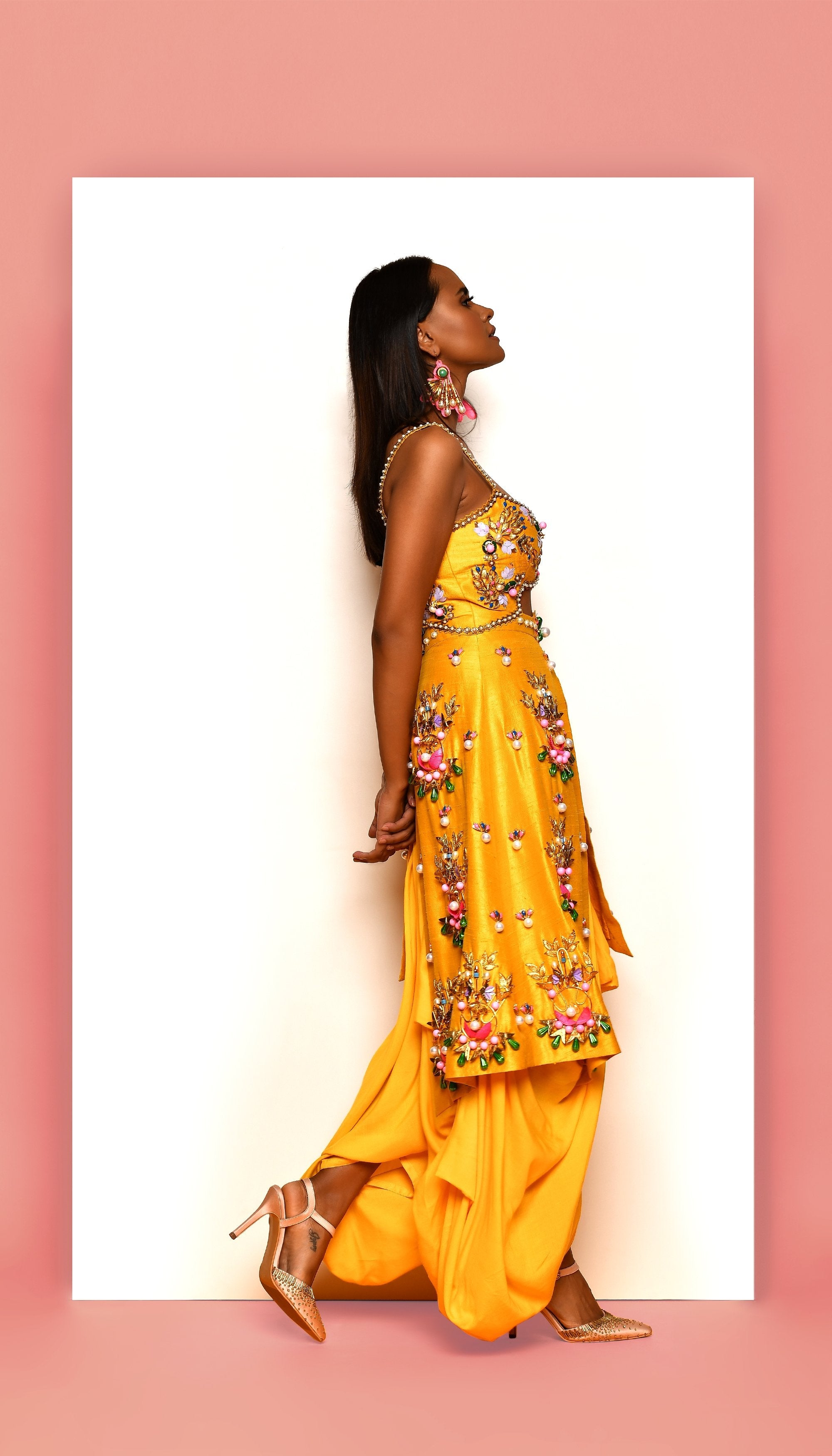 Mindy Kaling - Mustard Yellow Embellished Dhoti Jumpsuit