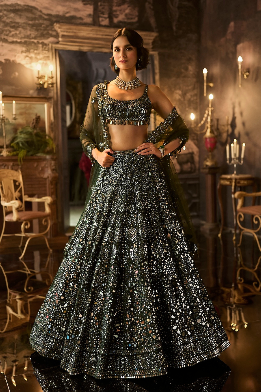 Dark Green Mirror Work Lehenga Set