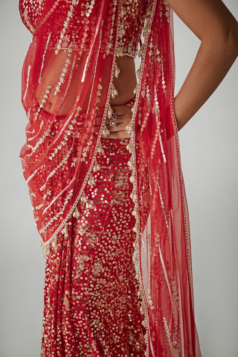 Red Printed Sequin Pre-Draped Saree