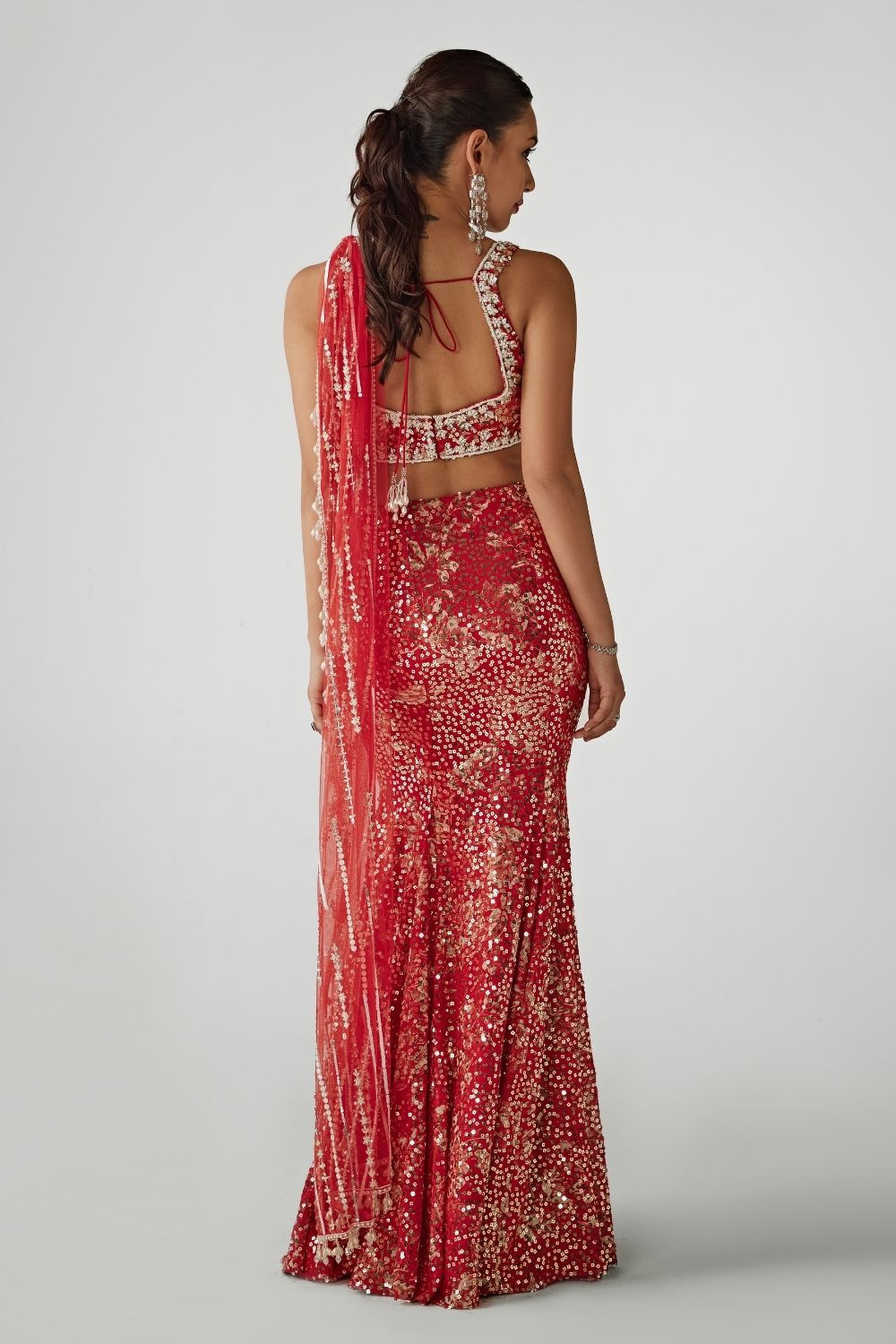 Red Printed Sequin Pre-Draped Saree