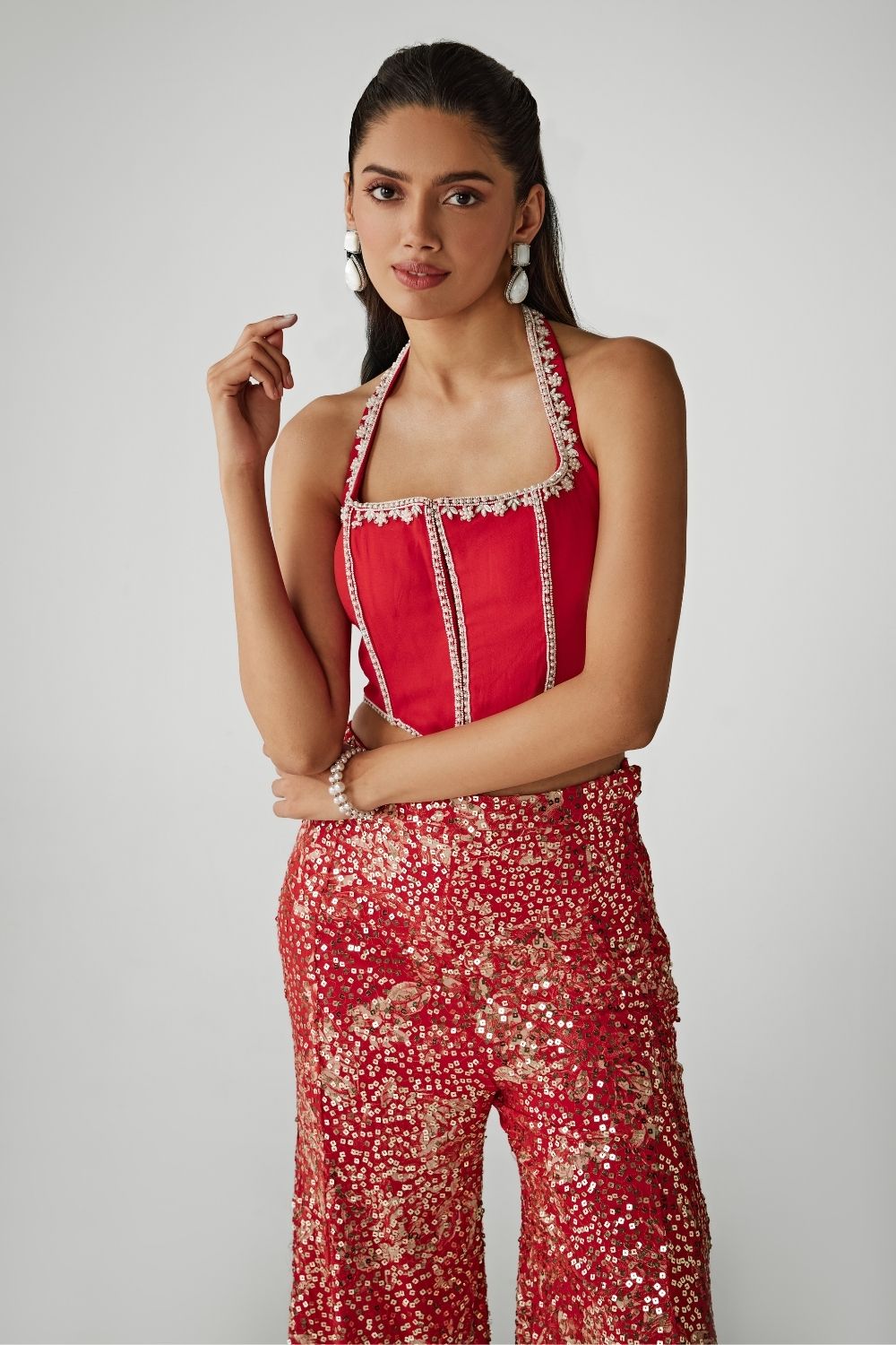 Red Corset With Printed Sequin Pants
