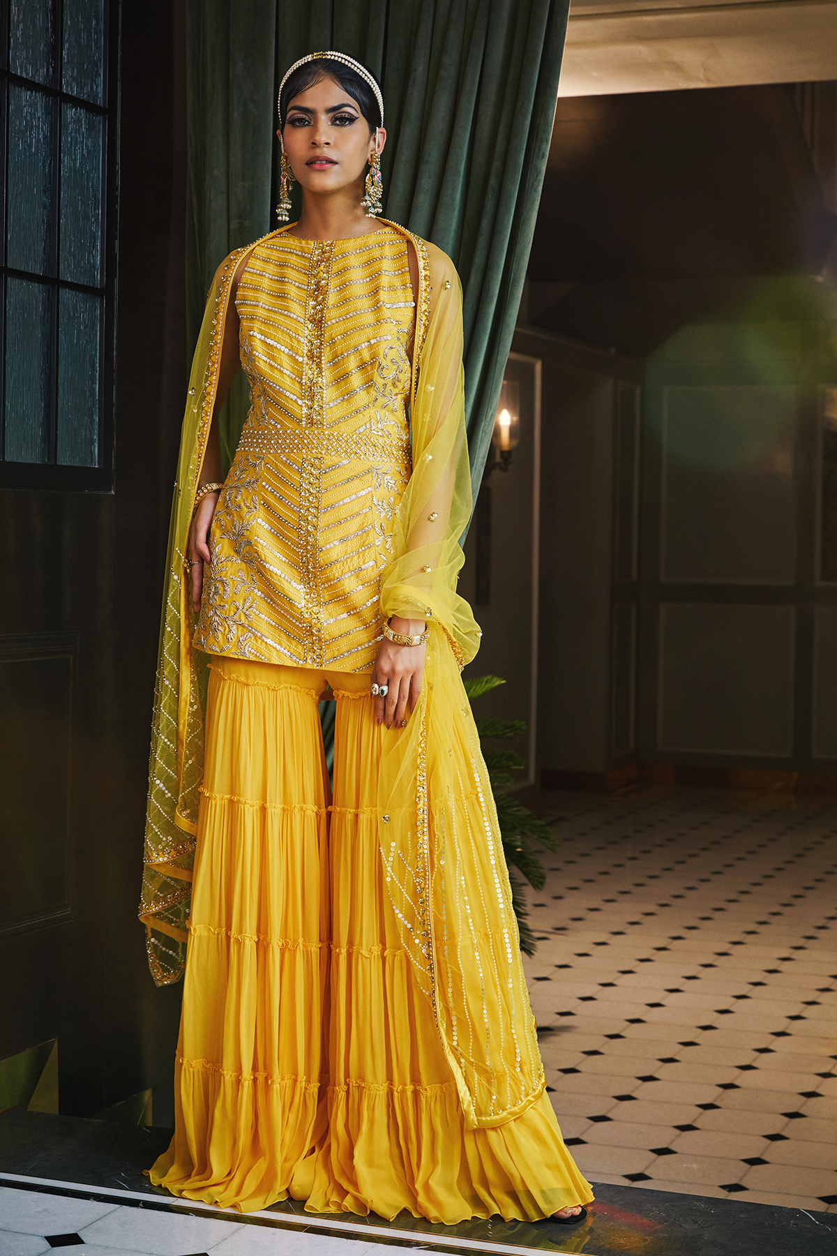 Mango Short Kurta And Tiered Sharara Pants With Dupatta Set