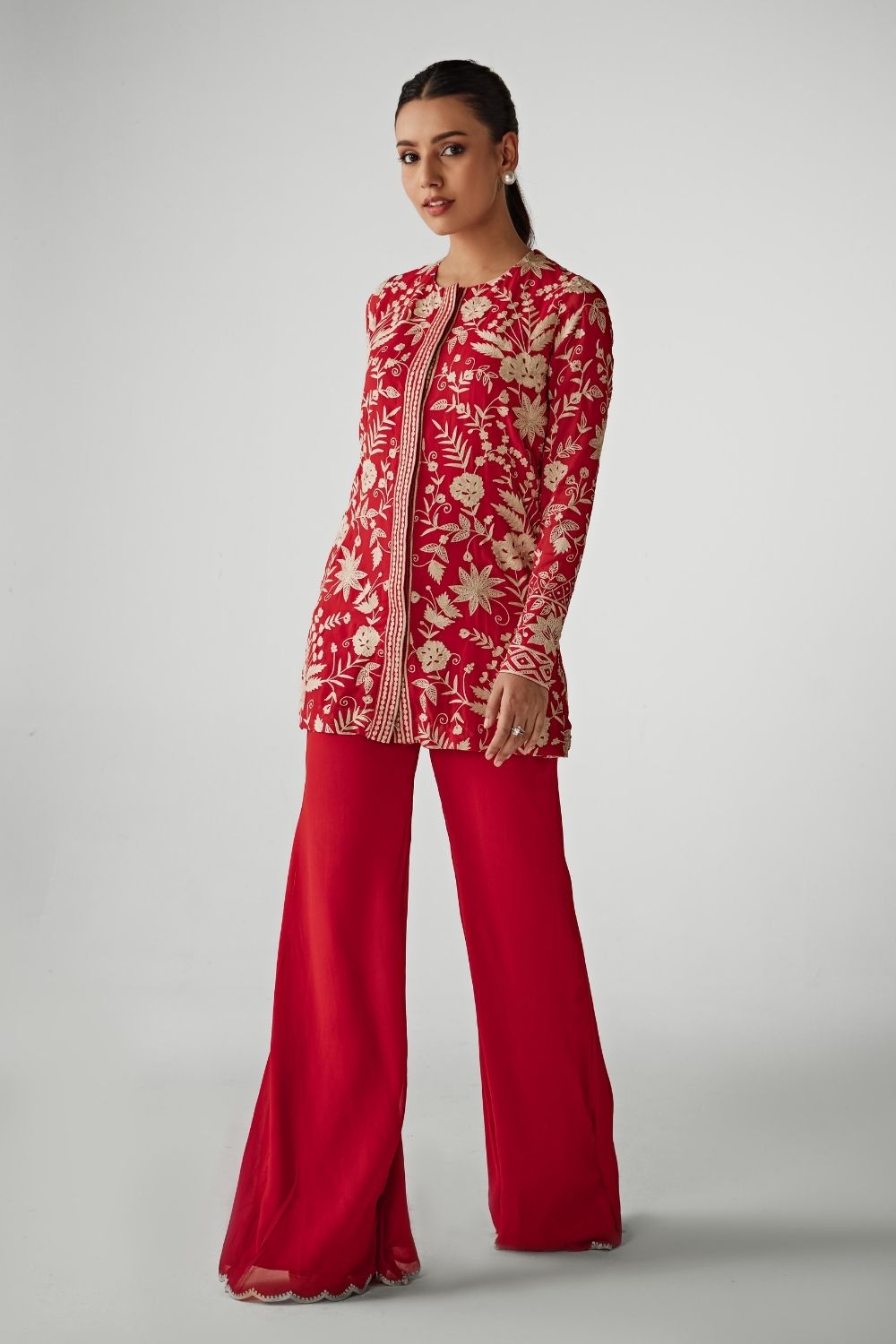 Red Aari Work Jacket And Pants Set
