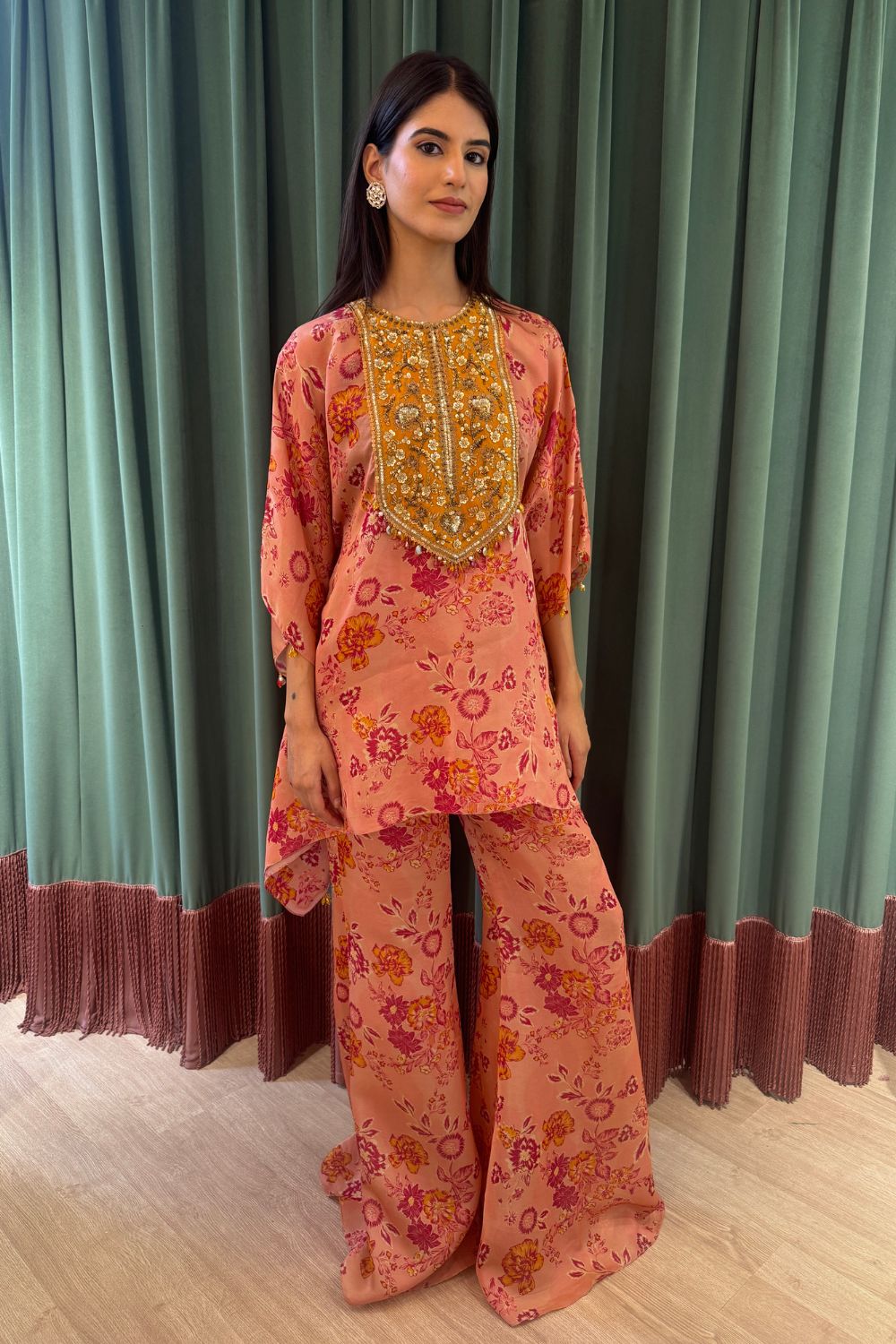 Pink Floral Print Kaftaan And Pants Set