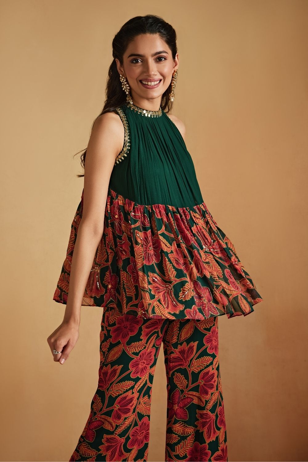 Green Floral Printed A-Line Top And Pants Set