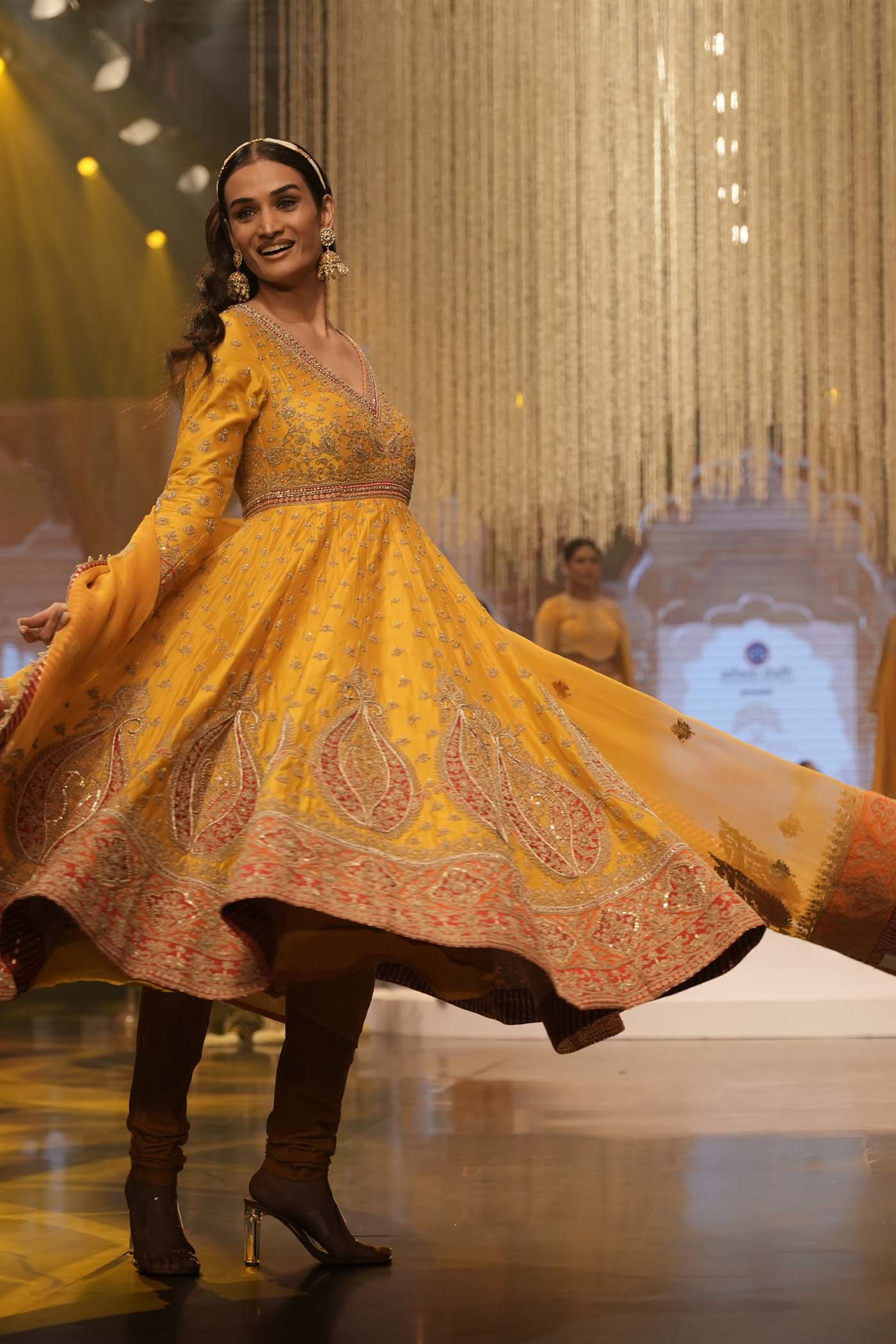 Shazia - Heirloom Mustard Anarkaali With Chooridaar