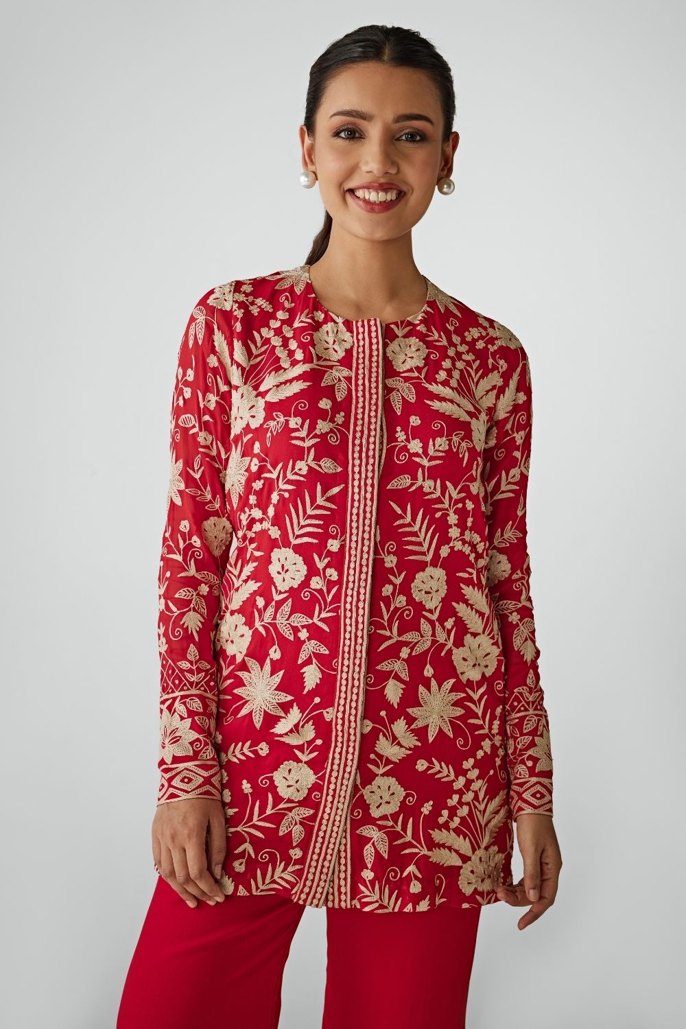 Red Aari Work Jacket And Pants Set