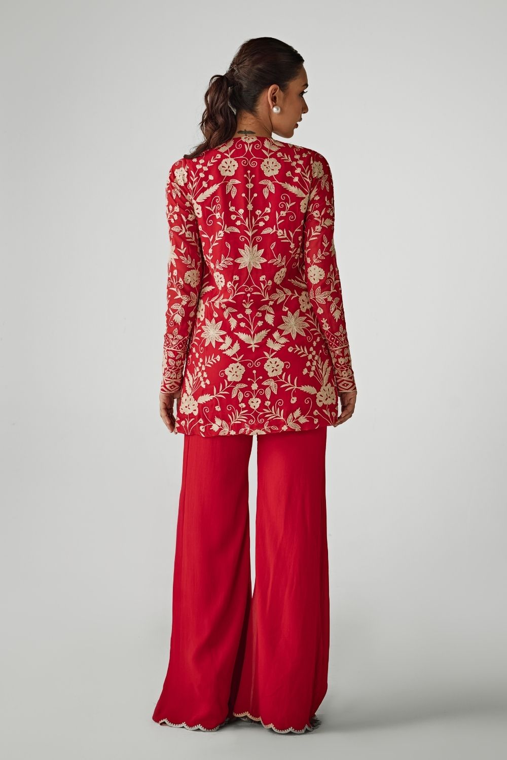 Red Aari Work Jacket And Pants Set