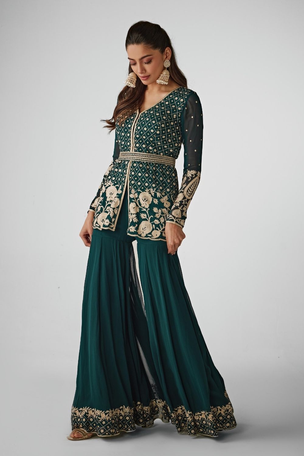 Green Aari Work Peplum And Sharara Set