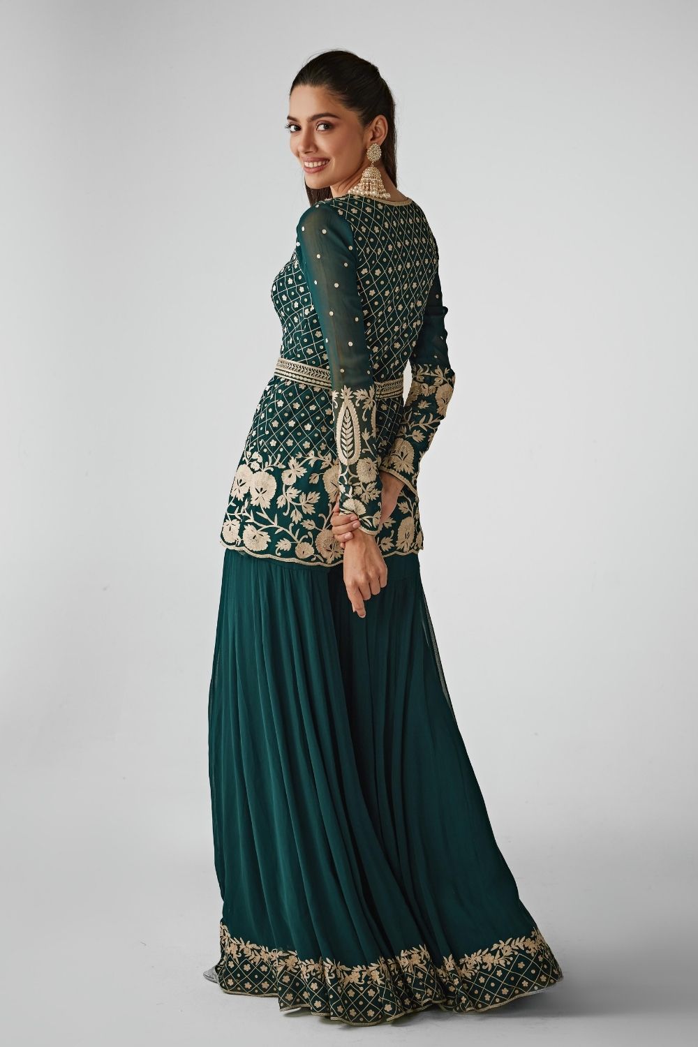 Green Aari Work Peplum And Sharara Set