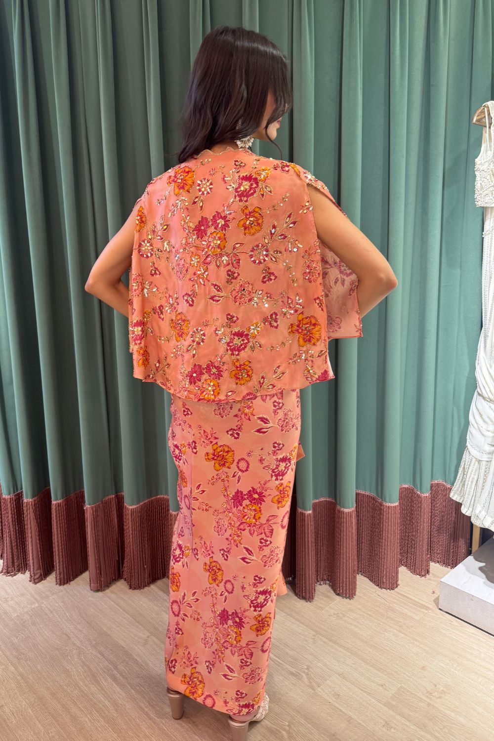 Pink Floral Printed Cape & Wrap Skirt Set