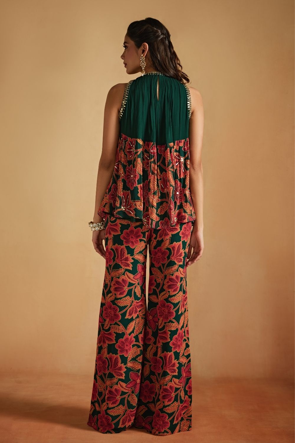 Green Floral Printed A-Line Top And Pants Set