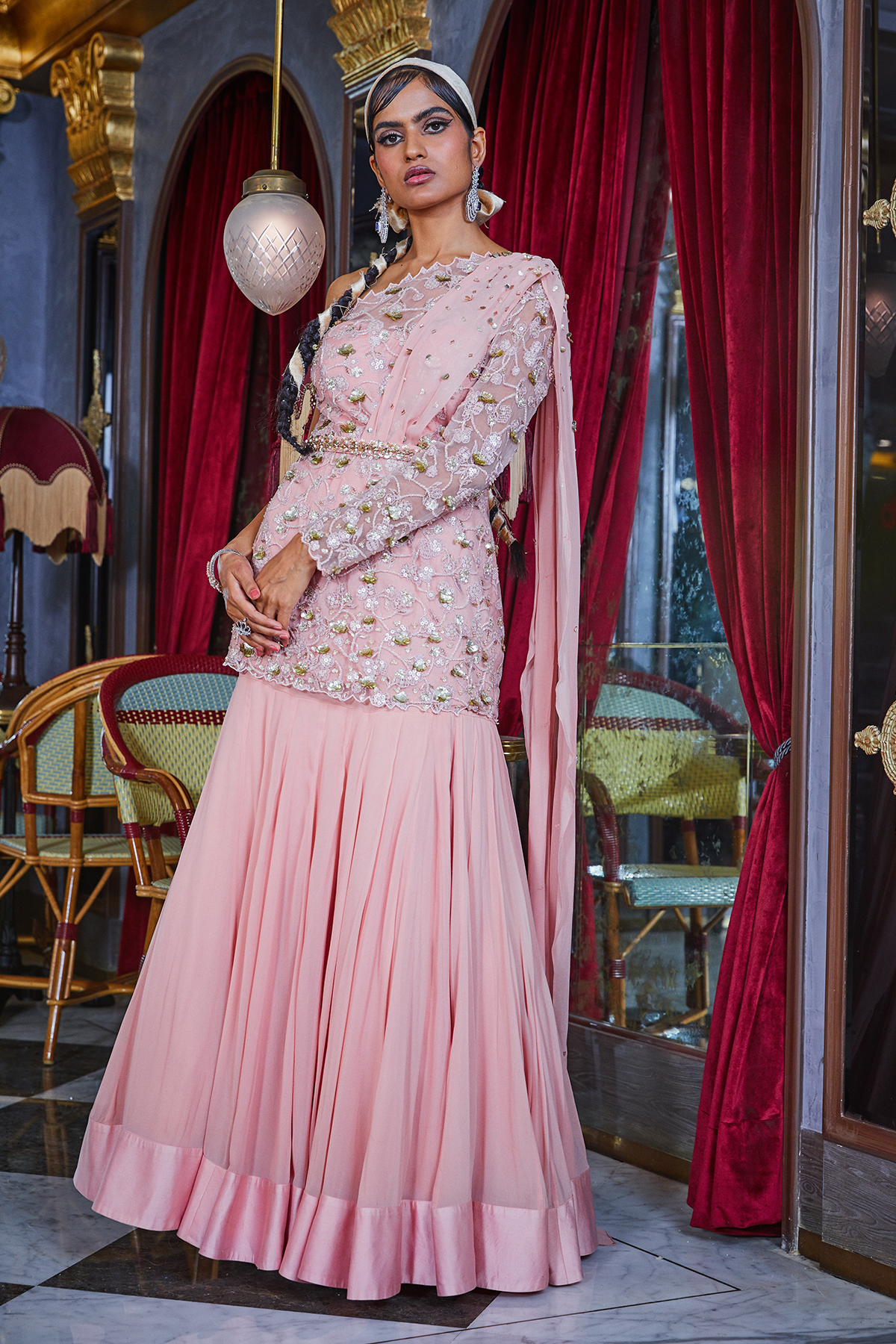 Pink One Shoulder Shirt With Mermaid Skirt Set
