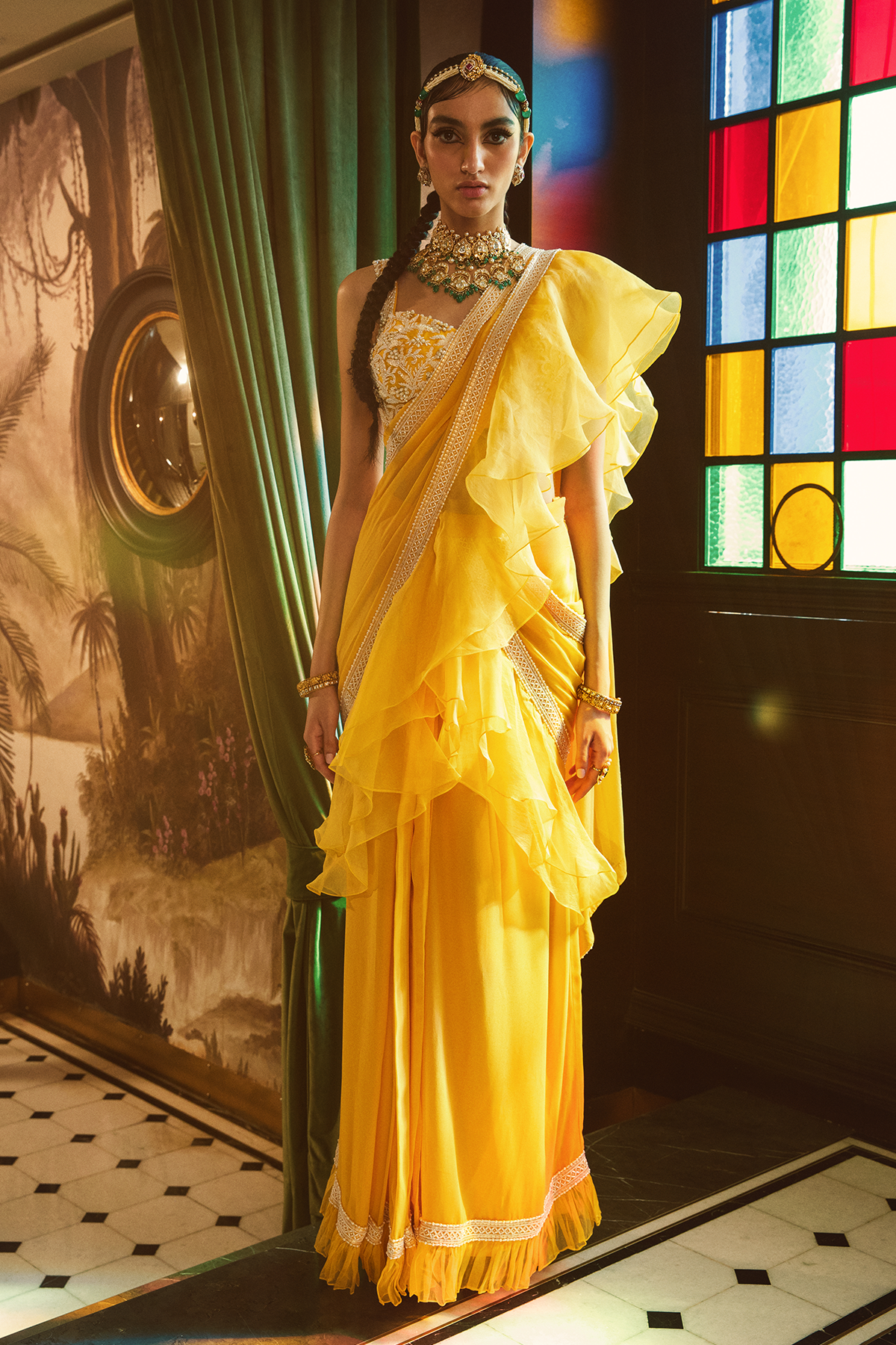 Mango Pre Stitched Ruffled Saree With Embroidered Bustier Blouse