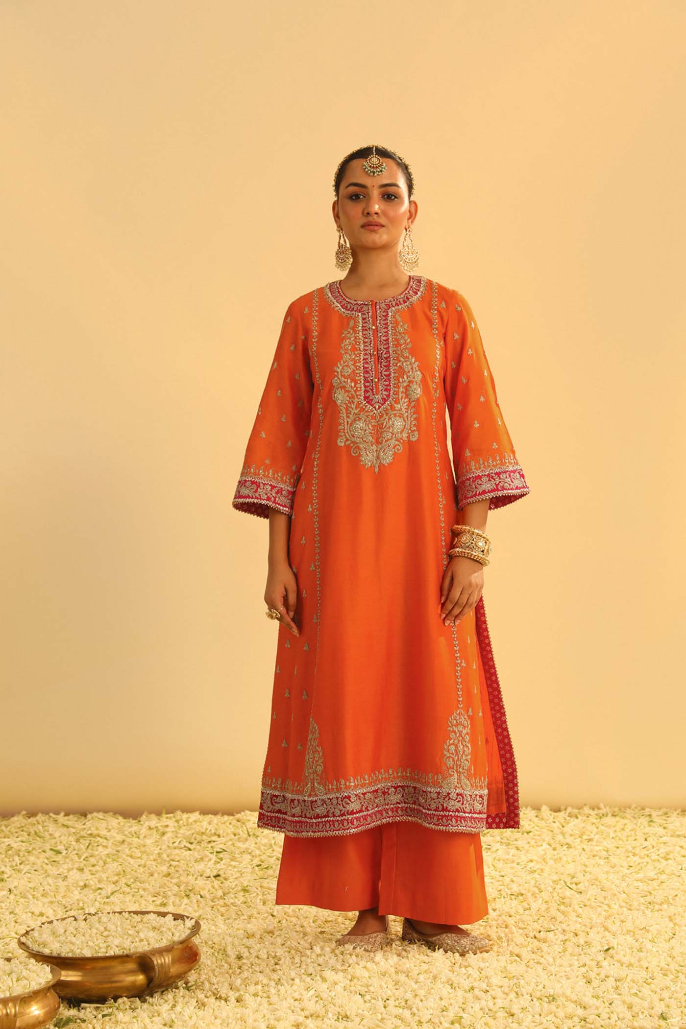 Mayra - Orange Long Kurta With Palazzo & Dupatta