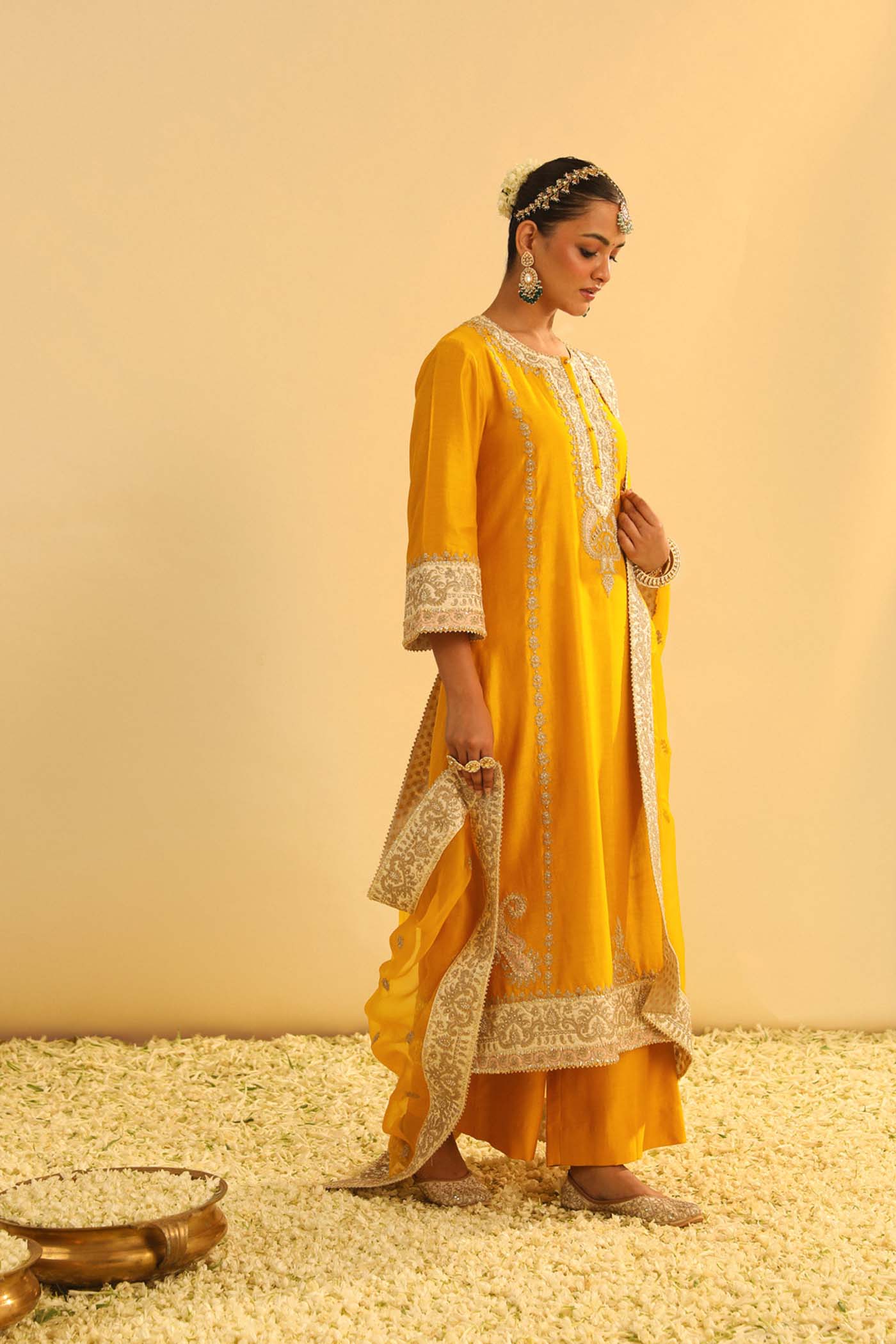 Asmira - Heirloom Mustard Long Kurta With Palazzo & Dupatta