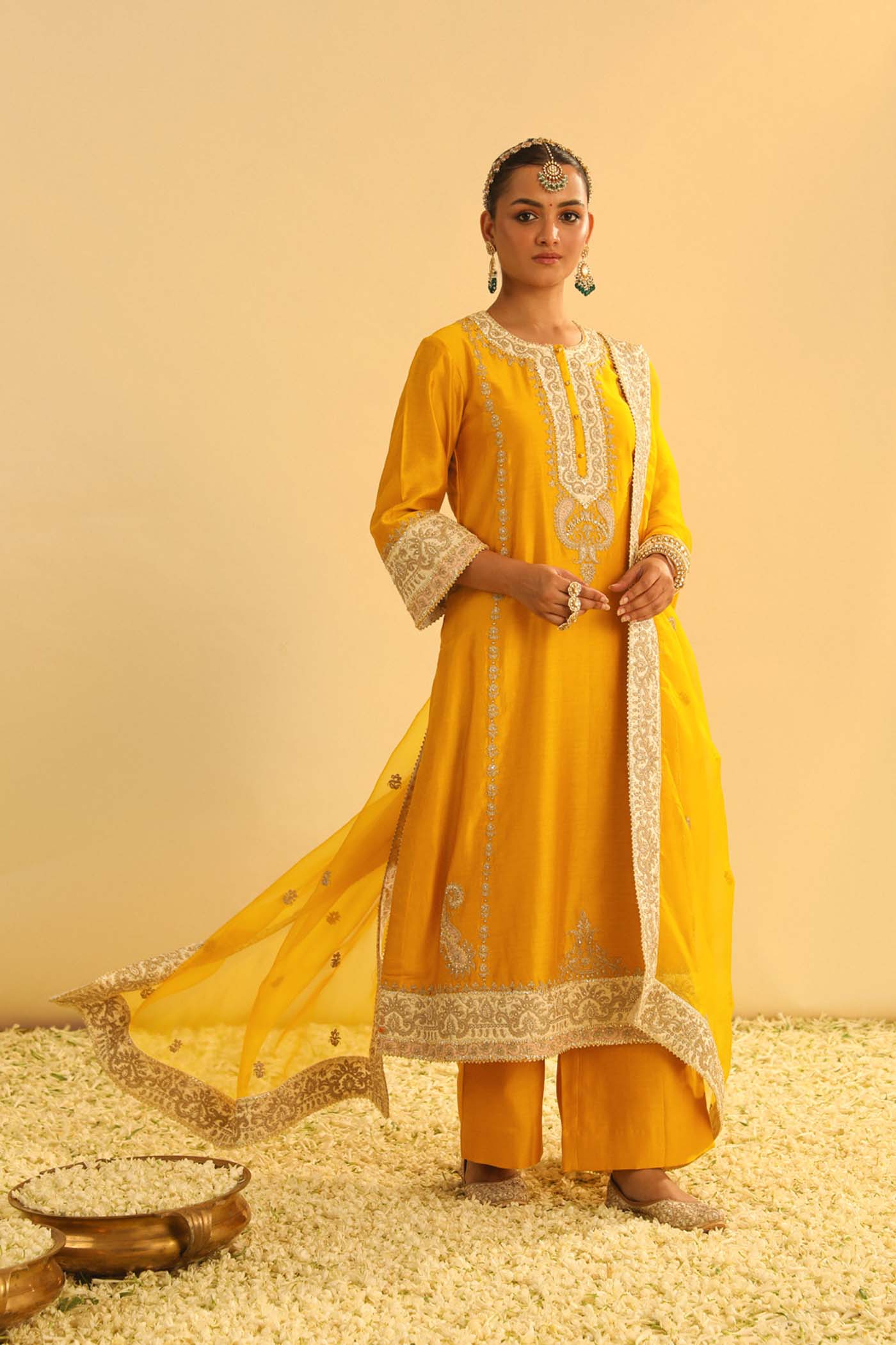 Asmira - Heirloom Mustard Long Kurta With Palazzo & Dupatta