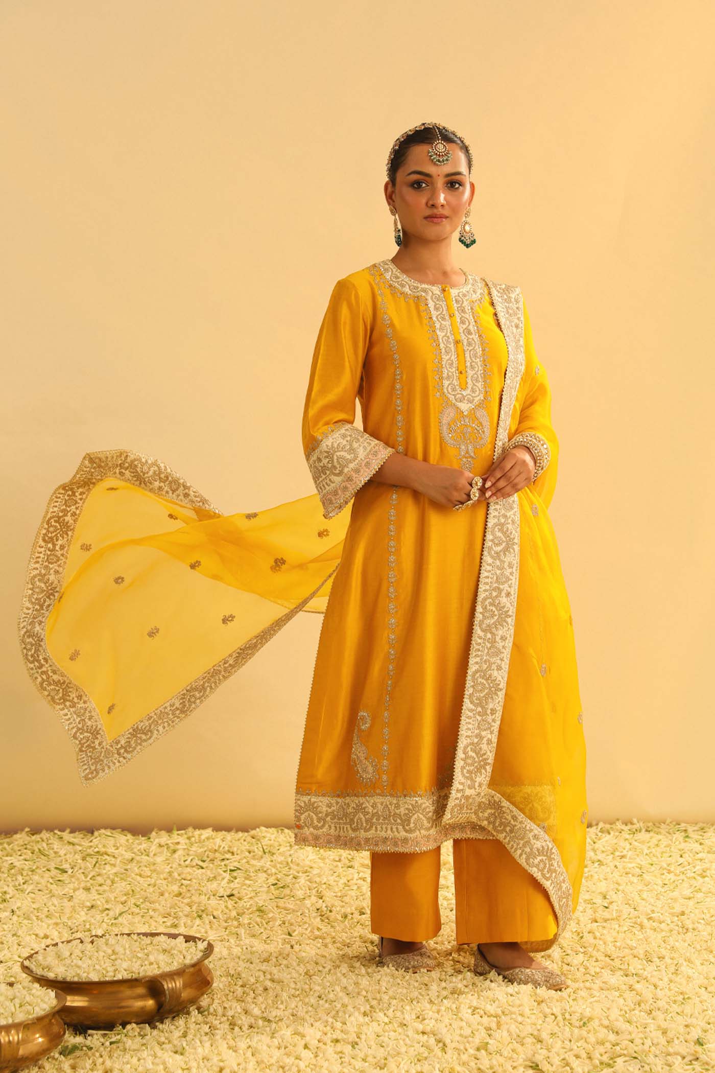 Asmira - Heirloom Mustard Long Kurta With Palazzo & Dupatta