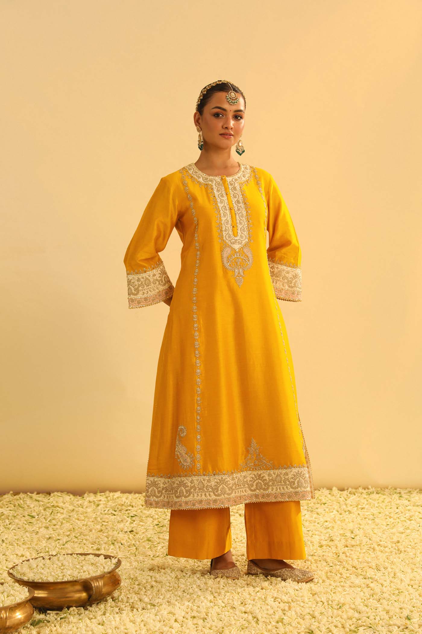 Asmira - Heirloom Mustard Long Kurta With Palazzo & Dupatta